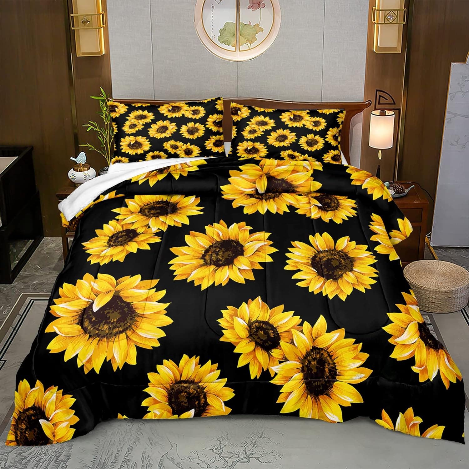 Merryword Black Sunflowers Comforter Set Queen Size Yellow Flower Comforter Luxury Black Floral Printed Lightweight Microfiber Comforter 3PCs (Queen, Black Sunflower)