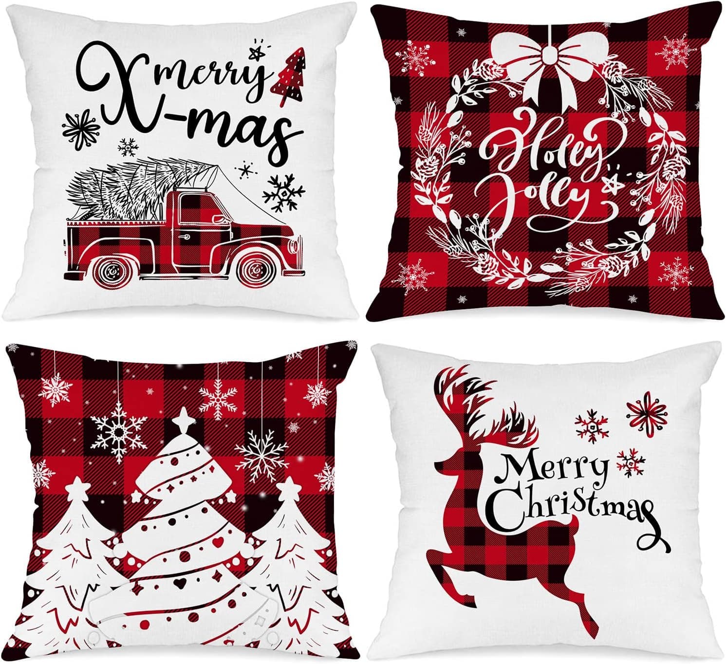 Lanpn Christmas Throw Pillow Covers 18x18 Set of 4, Decorative Holiday Farmhouse Merry Xmas 18 x 18 Buffalo Check Plaid Cushion Pillow Cases for Outdoor Indoor Home House Room Couch Decor (Red)