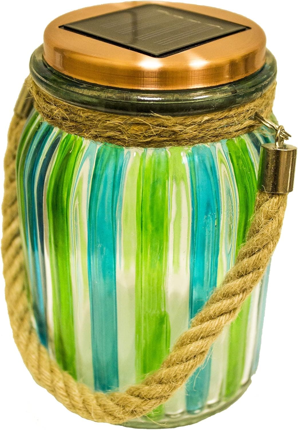 Sogrand Green Stripe Copper Cap Glass Jar, Solar Lights Outdoor, Thick Hanger