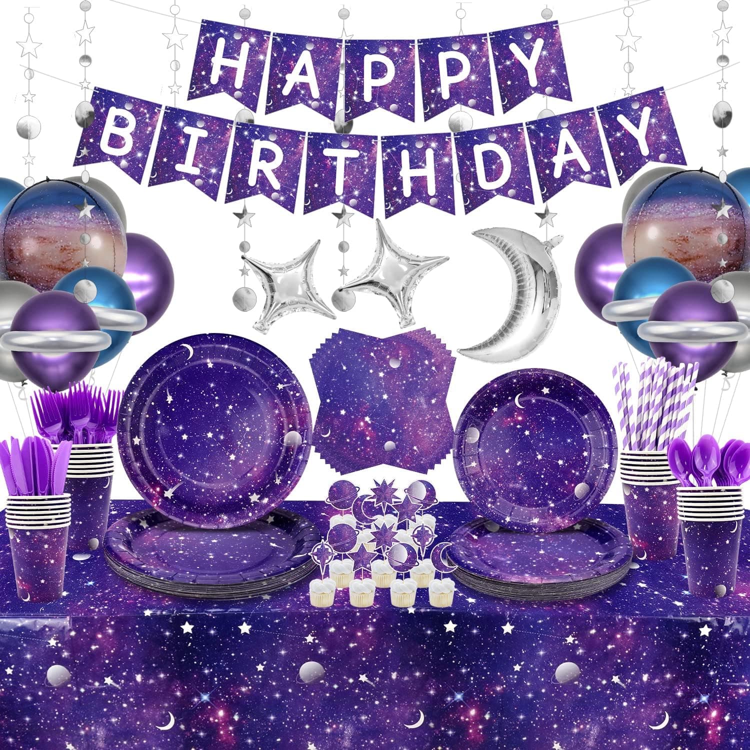 Space Galaxy Party Supplies Tableware Set, Includes Banner, Plates, Cupcake Topper Napkins, Cups,Tablecloth, Balloons, Foil Balloons, for 20 Guests Galaxy Outer Space Theme Birthday Party Decoration