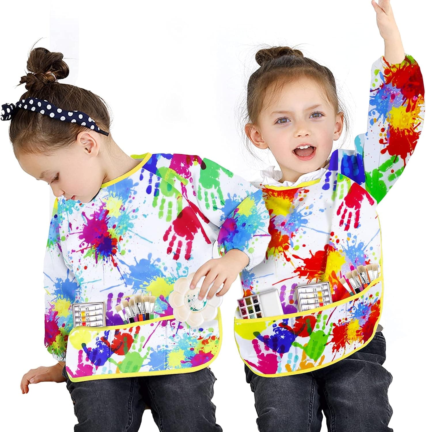 Kids Smock Art Painting Apron, Washable Long Sleeve Smock with 3 Pocket, Children Baking Eating Smock for Boy Girls Ages 2-7