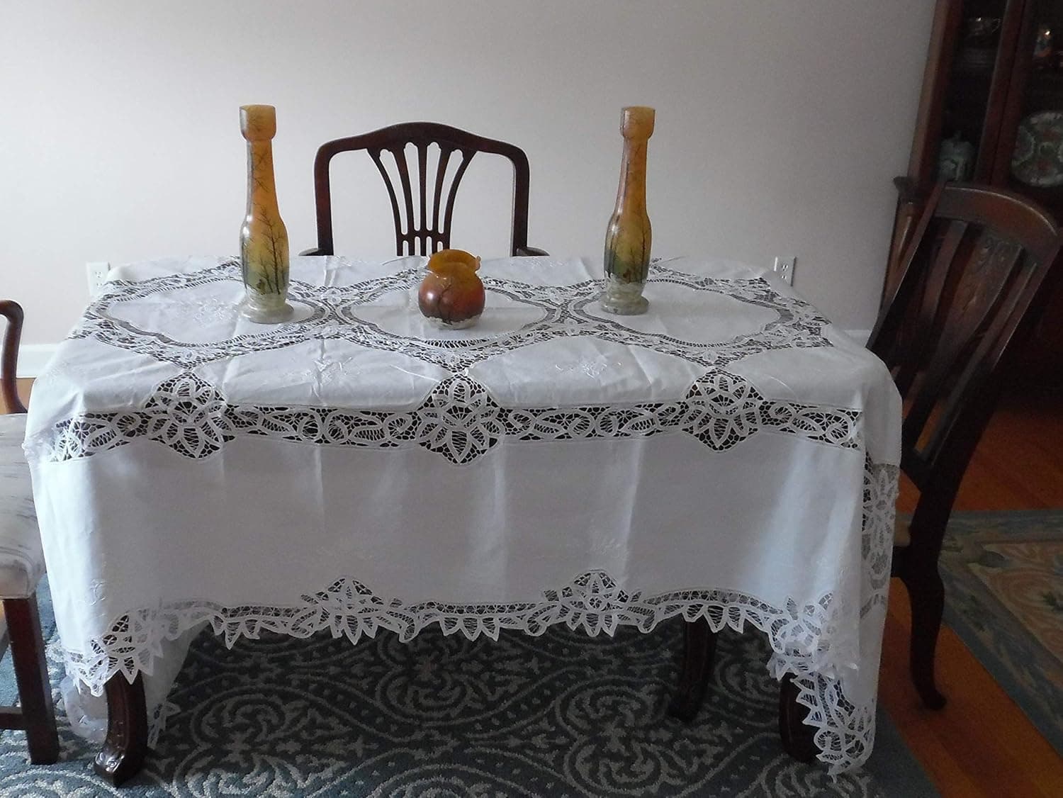 72 x 126 White Cotton Oblong Battenburg Lace and 12 Napkins