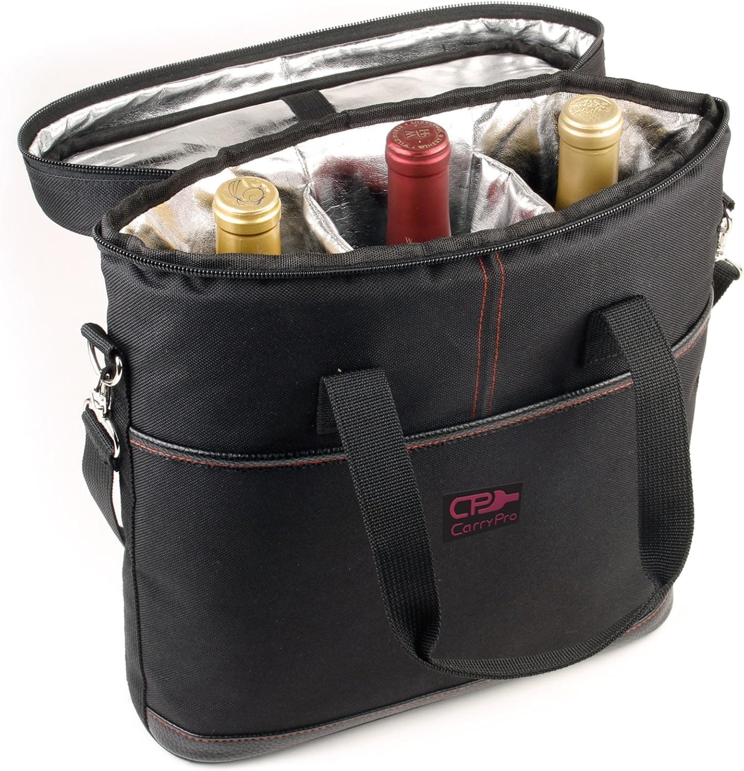 CarryPro Premium Insulated Three Bottle Wine Carrier Tote Bag | Wine Travel Bag with Shoulder Strap and Padded Protection | Wine Cooler Bag