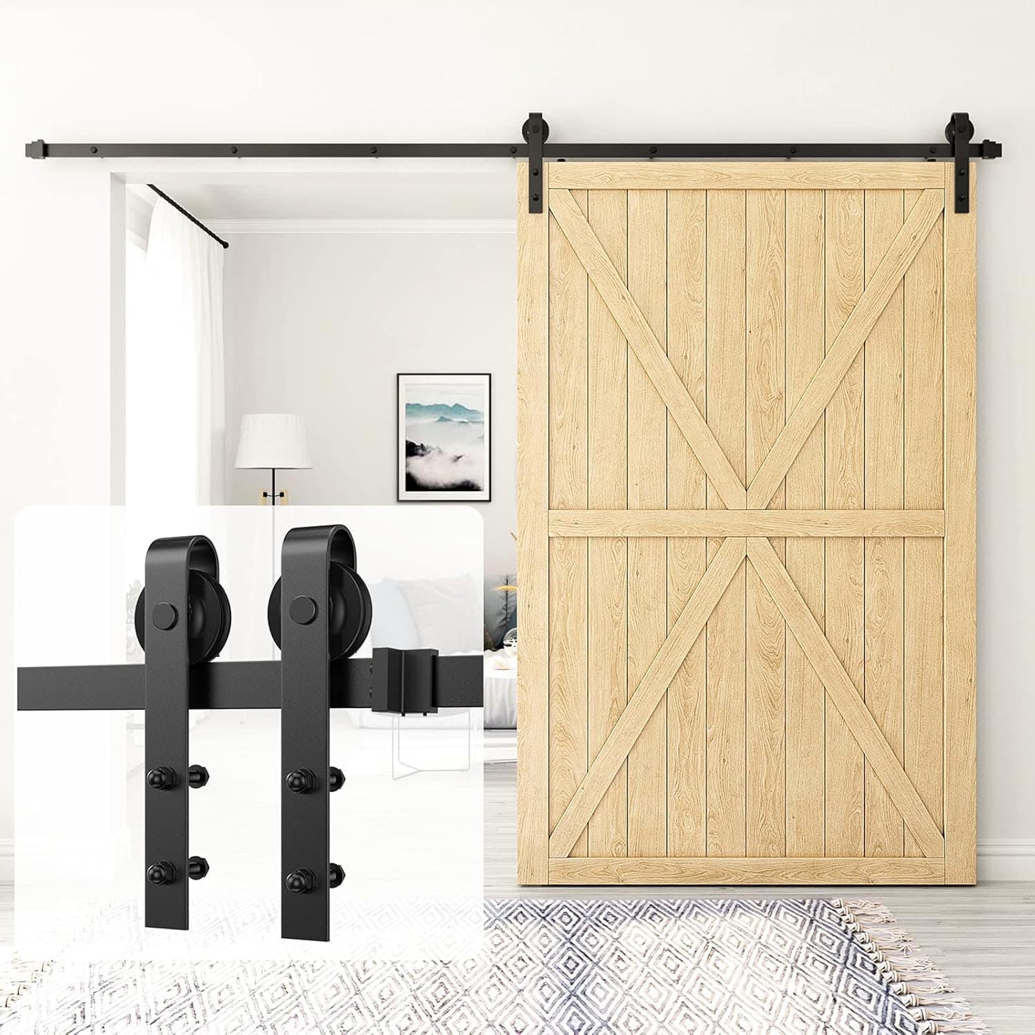 HomLux 12ft Heavy Duty Sturdy Sliding Barn Door Hardware Kit Single Door - Smoothly and Quietly - Simple and Easy to Install - Fit 1 3/8-1 3/4 inch Thickness Door Panel(Black)(J Shape Hangers)