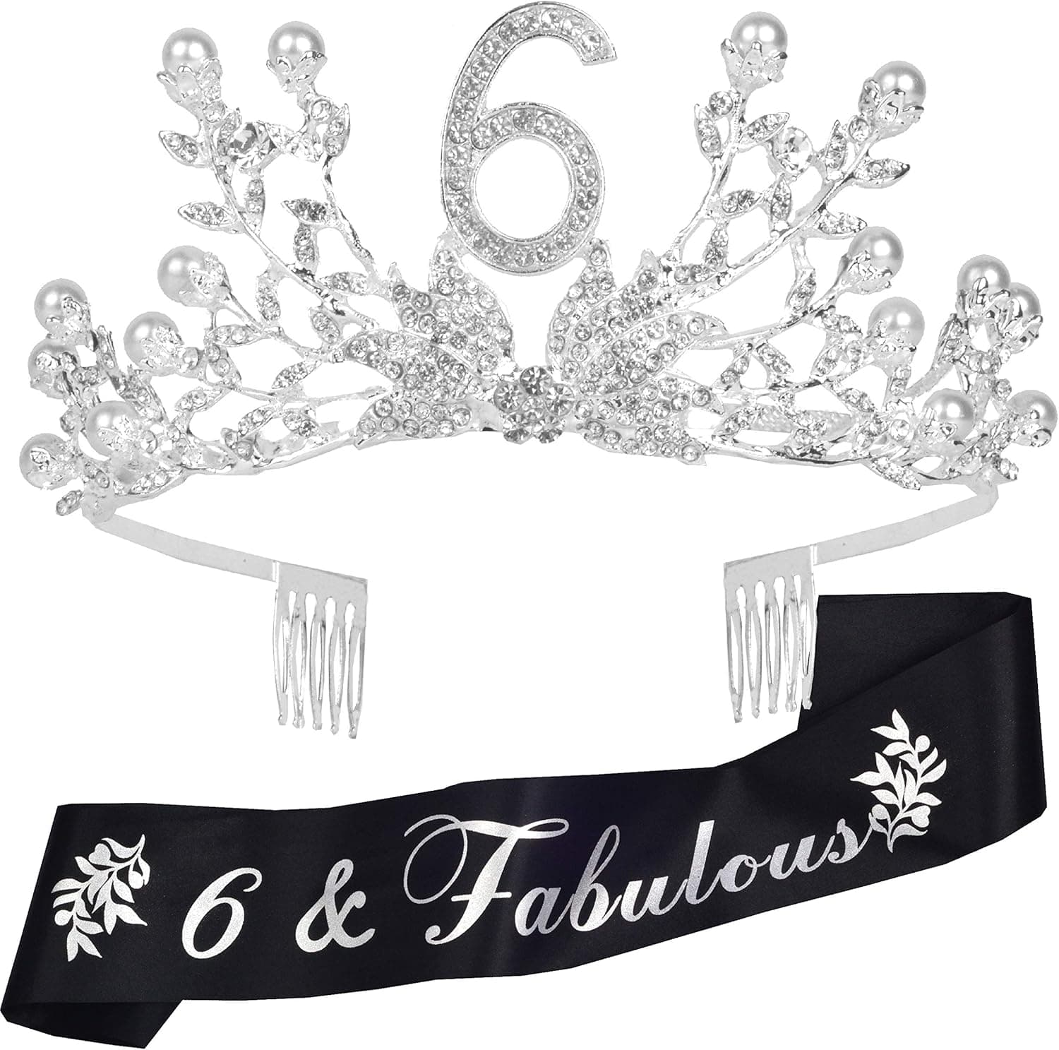 6th Birthday Sash and Tiara for Girls - Fabulous Glitter Sash + Botanic Rhinestone Silver Premium Metal Tiara for Girls, 6th Birthday Gifts for Princess Party