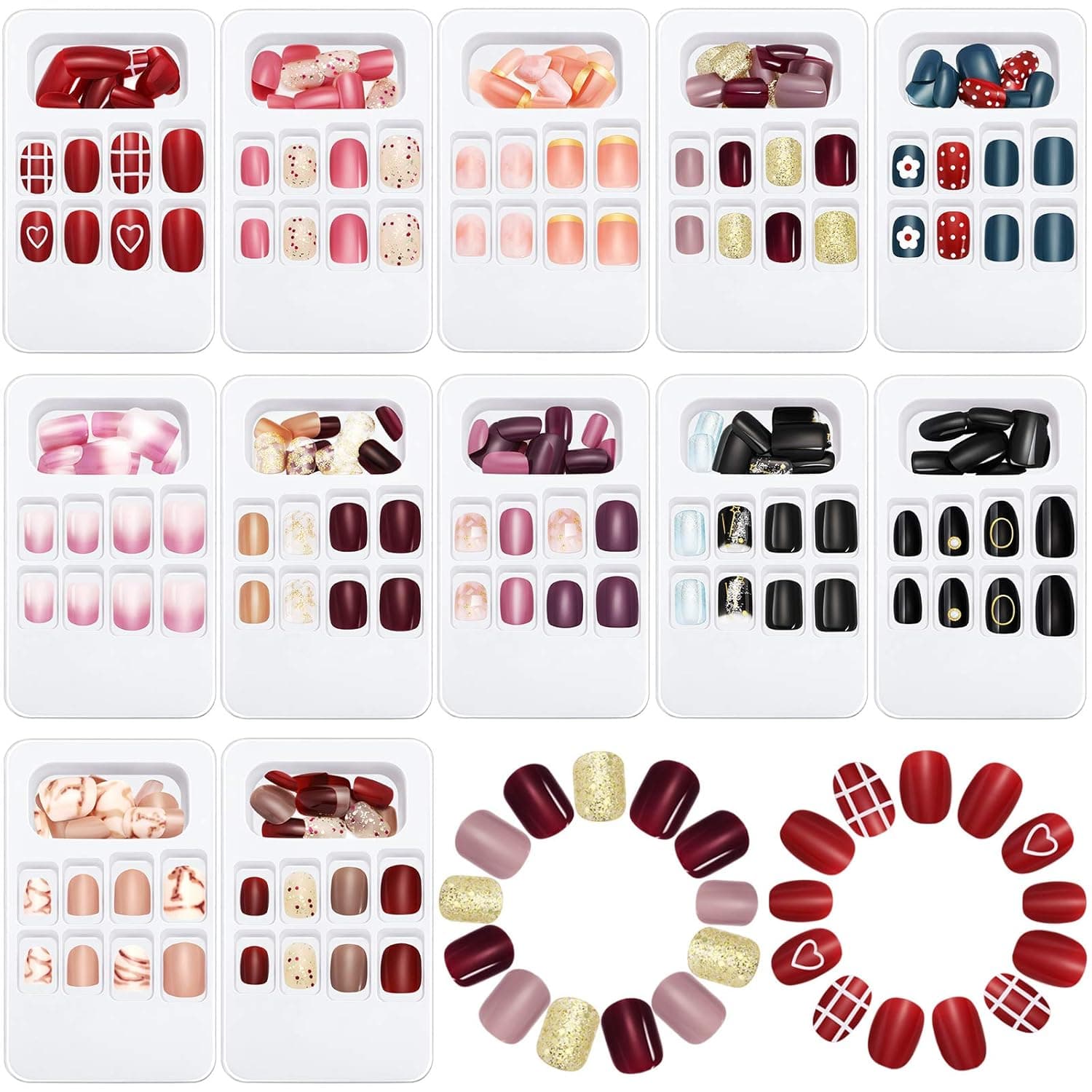 288 Pieces 12 Boxes Short Fake Nails Coffin Press on Nails Full Cover Glossy Square Artificial Nails False Nails Tips with Glitter Glamorous Pattern for Nail Art Salon Decoration (Plaid, Dot, Flower)