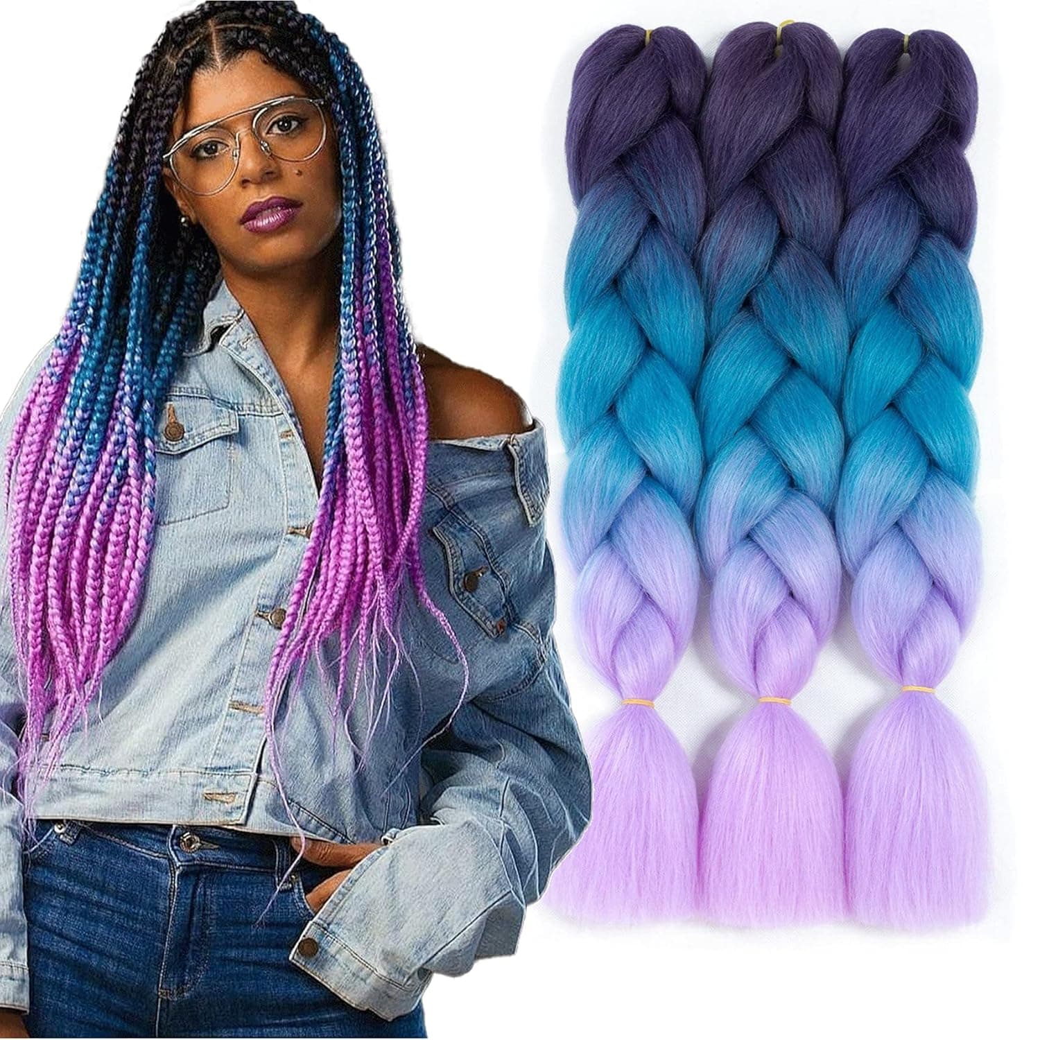 Forevery Braiding Hair 24 Inch Kanekalon Jumbo Braid 3 Pcs Rainbow Ombre Braiding Hair Colorful Light Purple Braiding Hair Jumbo Braiding Hair Extensions (3 Pcs, Purple-Lake Blue-Grey Viole)