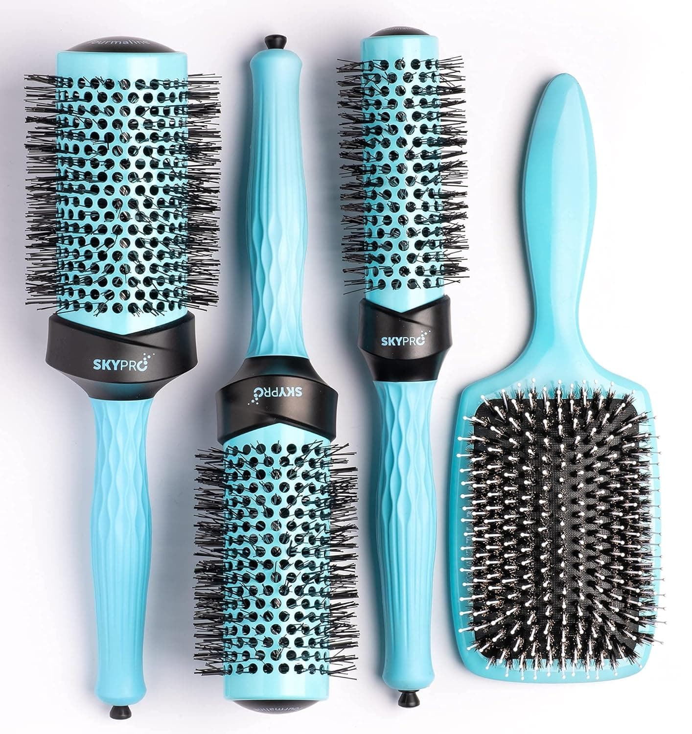 Professional Series 4-Piece Round Brush Set for Blow Drying with Paddle Brush by SKYPRO | Ceramic Ion Barrel | Volumizing Roller Brush w/ Long Ultra-Glide Bristles, Comfort Grip for Easy Hair Styling