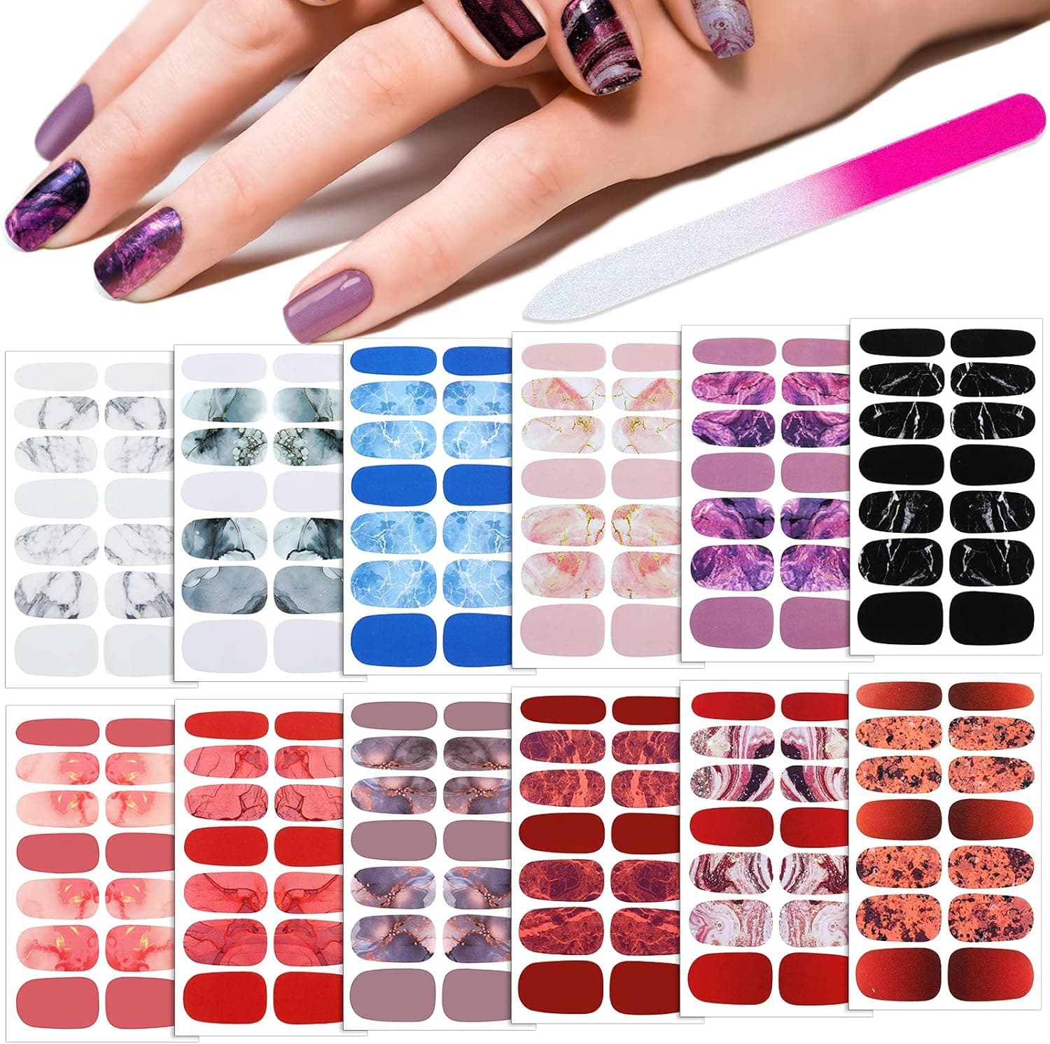 168 Pieces 12 Sheets Full Wrap Nail Polish Stickers Self Adhesive Glitter Gradient Marble Color Street Nail Decal Strips with Glass Nail File for Women Girls DIY Nail Craft (Vintage Style)
