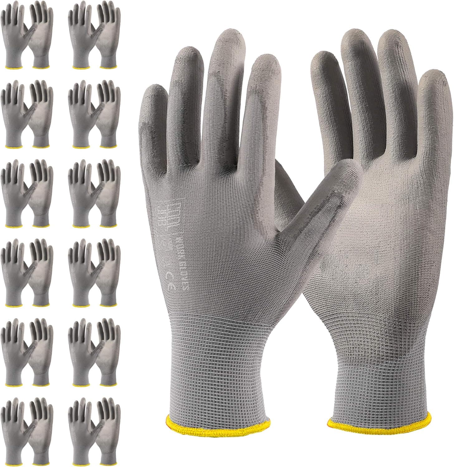 COOLJOB 12 Pairs Safety Work Gloves with Grip, Ultra-lite PU Coated Polyurethane Working Gloves for Men Women, 13 Gauge Seamless Knit for Warehouse Driver Worker, Bulk Pack Package, Small Grey