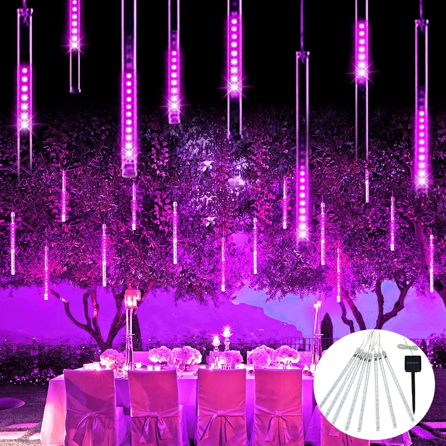 JMEXSUSS Pink Valentines Meteor Lights, 8 Tube 144 LEDs Solar Meteor Shower Lights Outdoor, Led Falling Rain String Lights for Valentine Xmas Tree Wedding Holiday Party Birthday Decoration