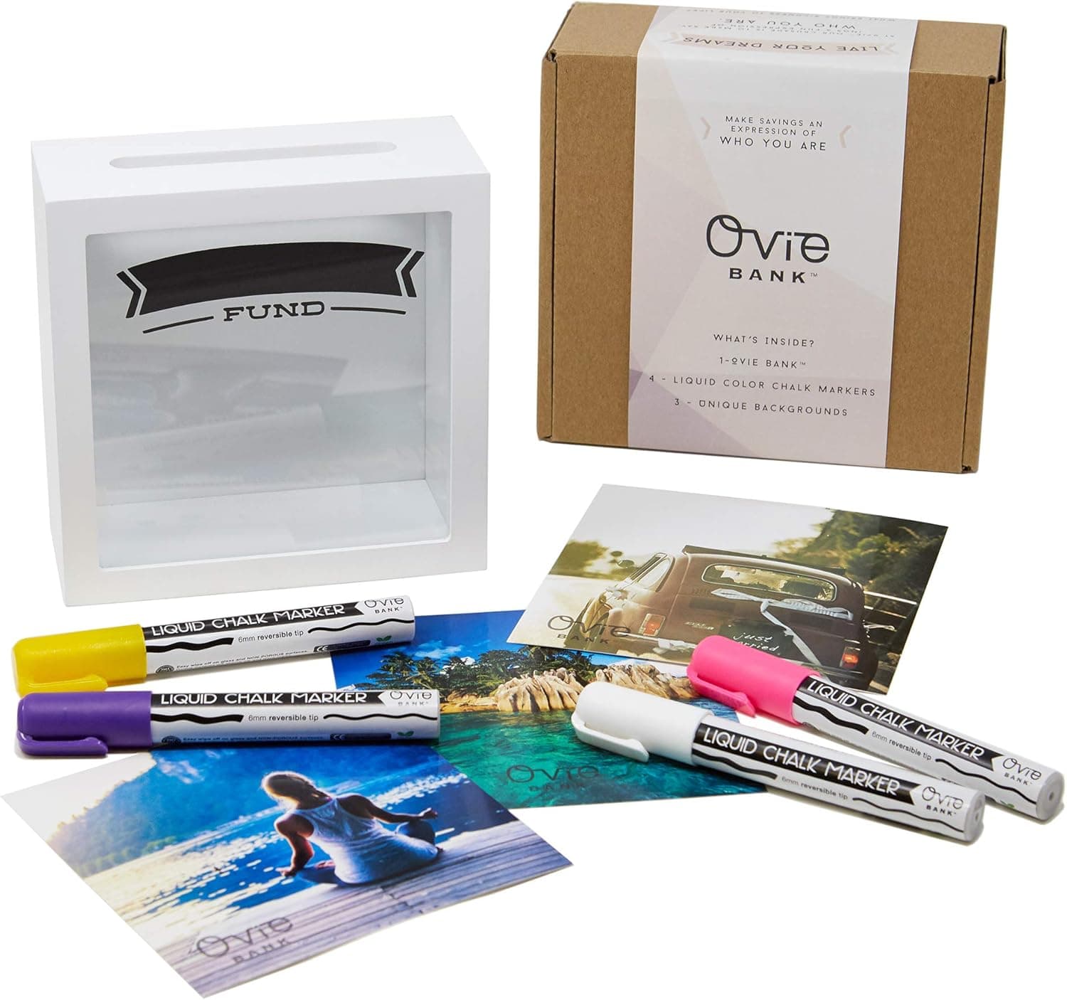 OVIE Adult Piggy Bank $ - Shadow Box with Wood Frame - 6X6 Frames - Clear Glass/Picture Background/Colored Markers (Fund Bank)