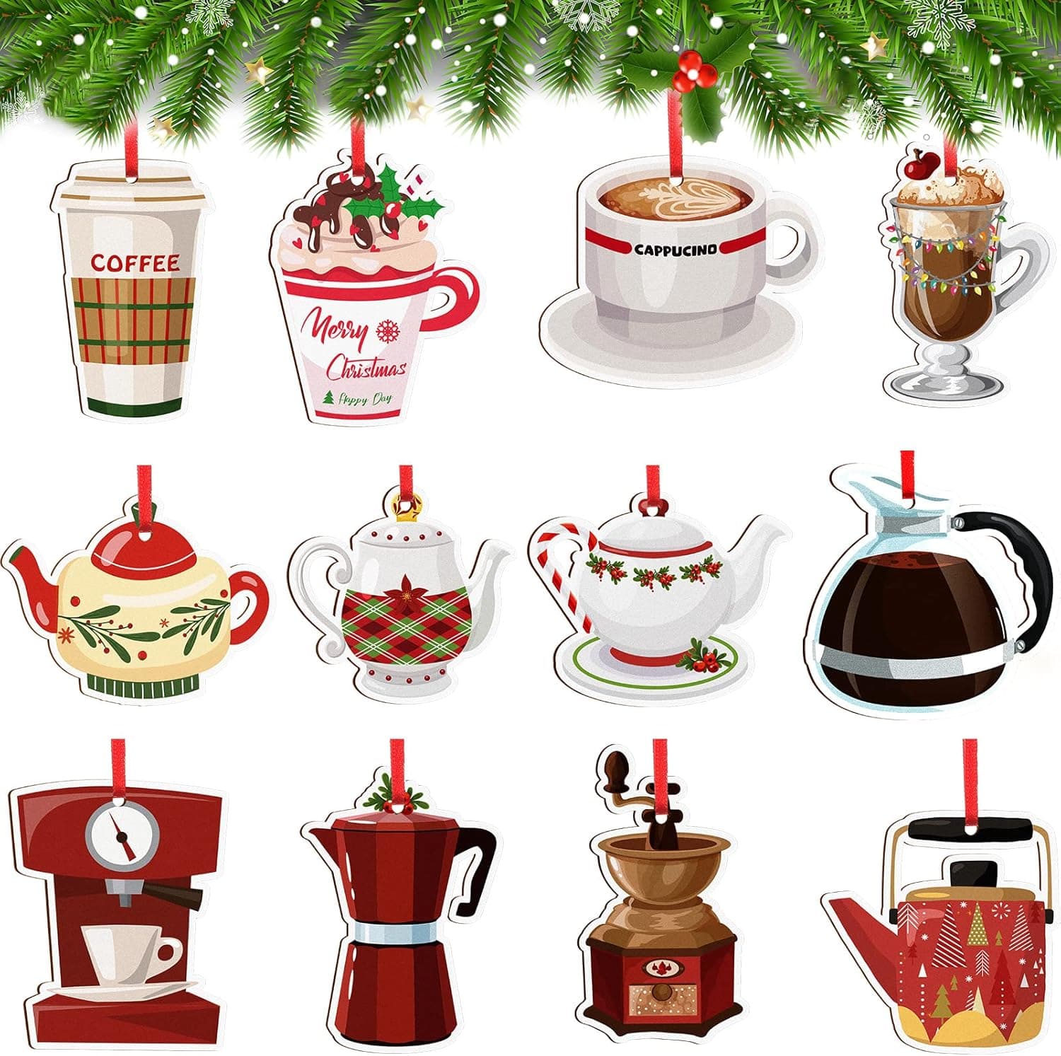 12 Pieces Christmas Coffee Cup and Tea Hanging Wood Cutouts Decoration Ornament for Xmas Tree Party Holiday Home Decor (Cups Style)