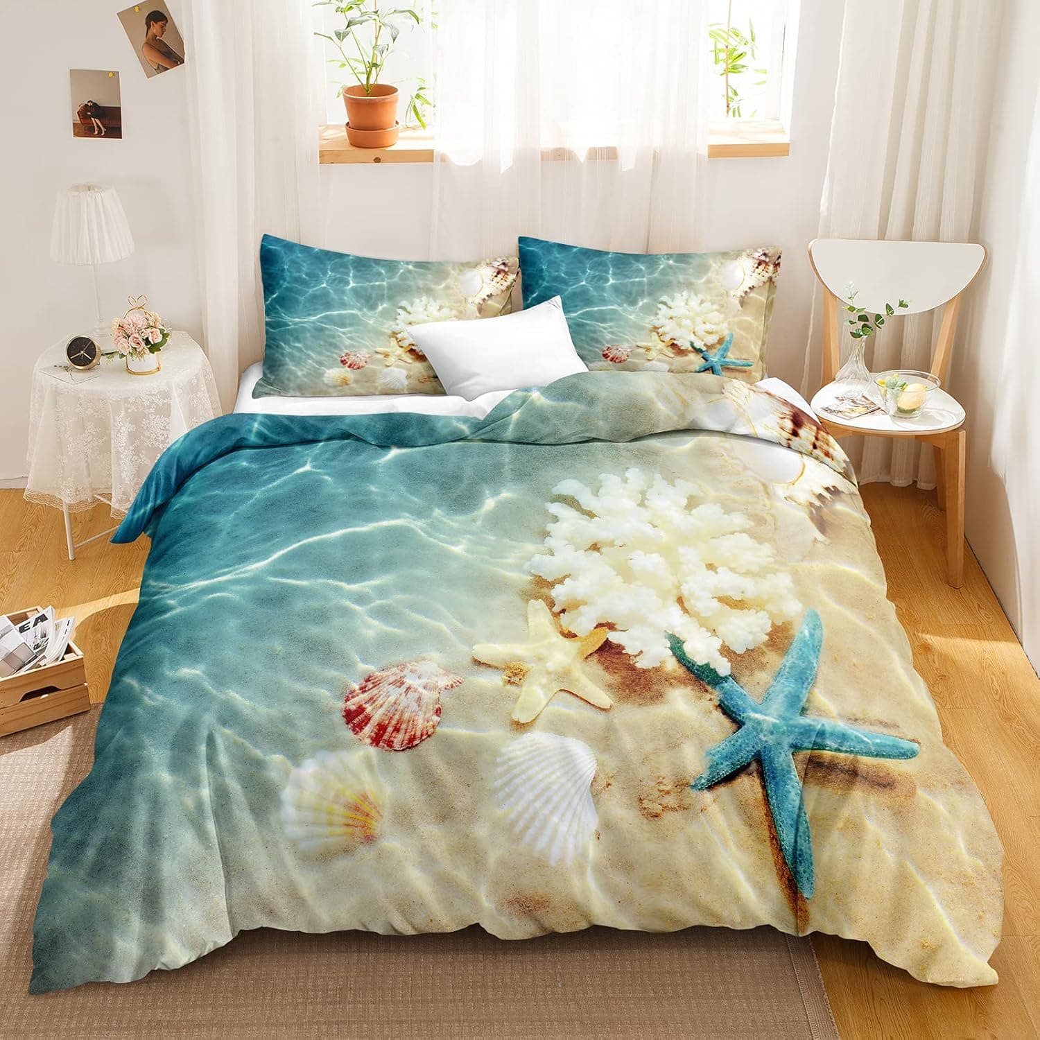 Bedbay Beach Bedding Set King Size Coastal Bedding Nature Theme Ocean Duvet Cover for Teen Adults 1 Duvet Cover 2 Pillowcases(Turquoise,King)