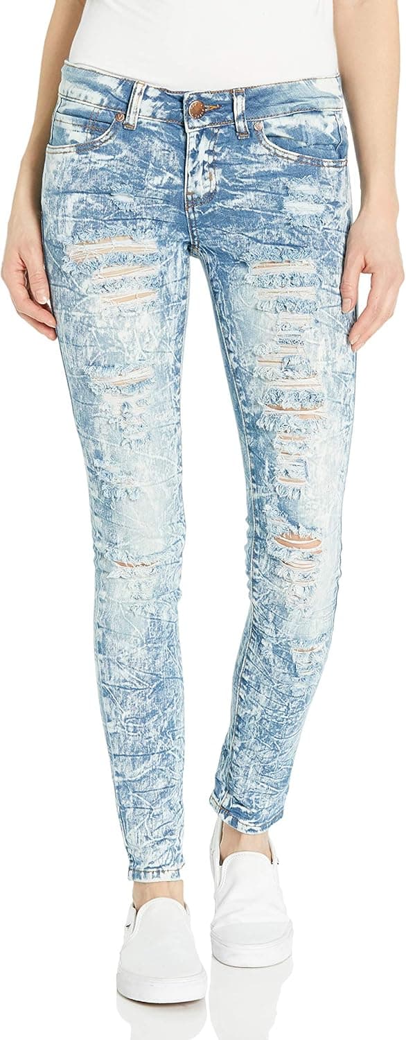 V.I.P. JEANS Women's Acid Washed Ripped Torn Distressed Cuffed Skinny Denim Pants