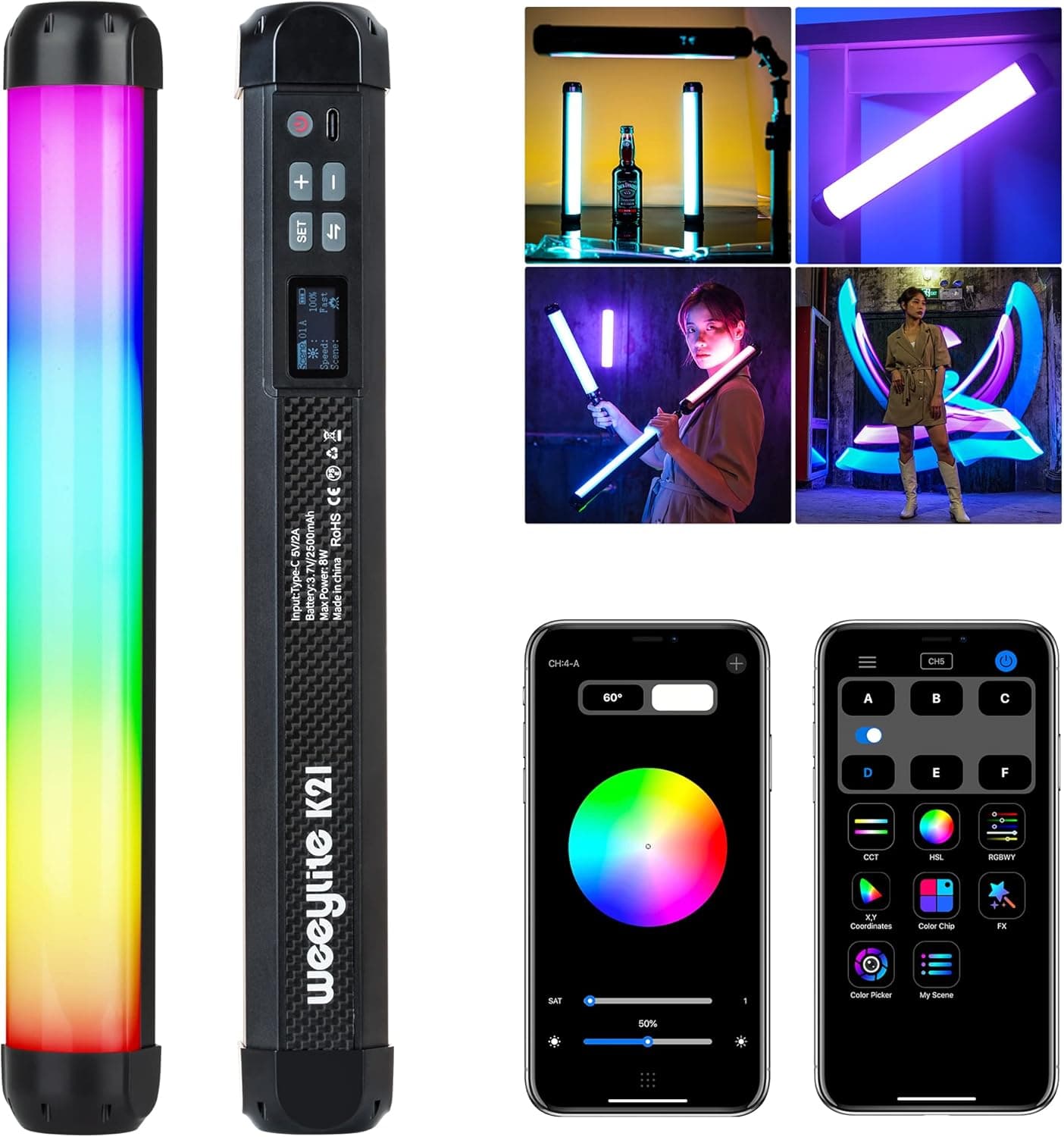 Weeylite K21 RGB LED Stick Light, Magnetic App Control LED Video Light Wand w CRI 95+ 2500mAh Rechargeable 2500-8500K Full Color Portable Handheld Photography Light for Portrait Video Recording TikTok
