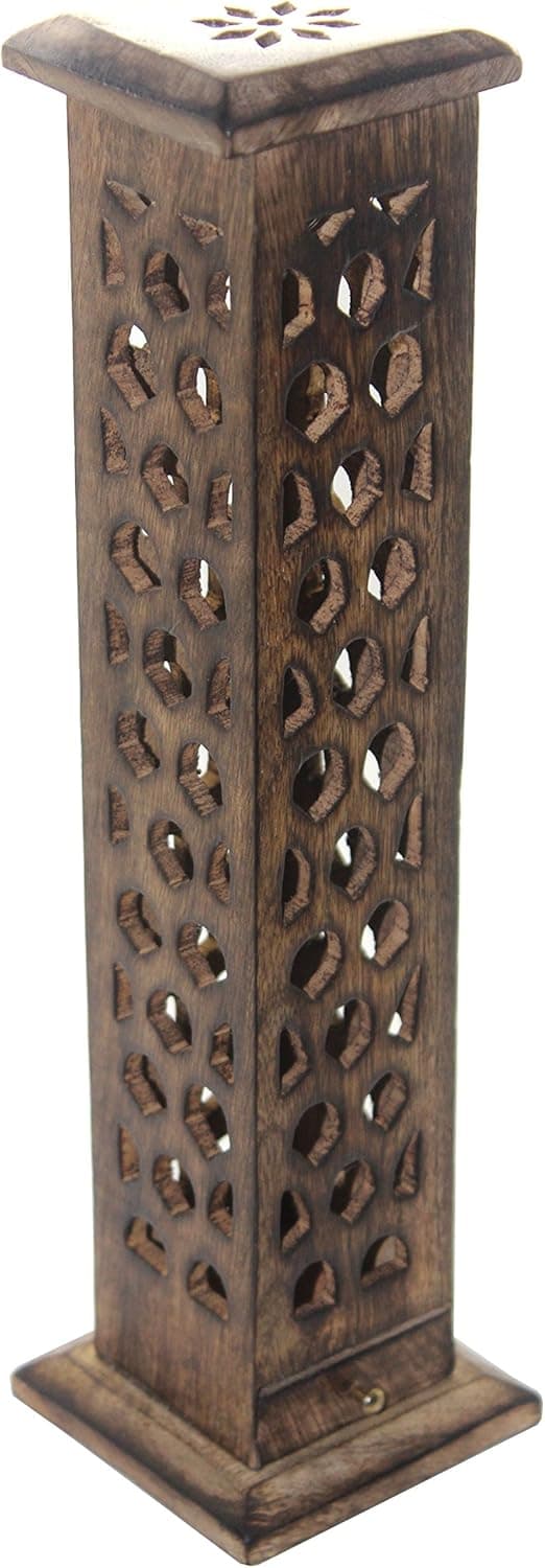 Govinda® Carved Wood Square Tower Incense Burner w/Slide-Out Ash Catcher - Flat Roof Top - Hive Design