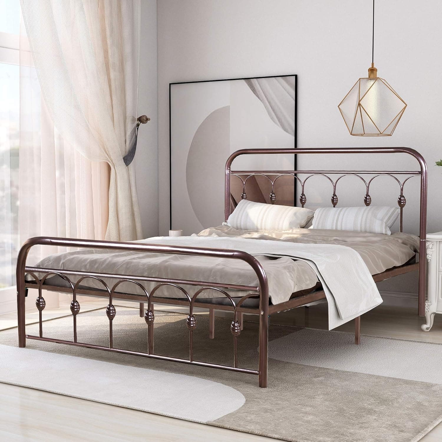 ZOOPHYTER Queen Size Metal Bed Frame with Vintage Headboard and Footboard,Platform Mattress Base No Box Spring Needed,Brown