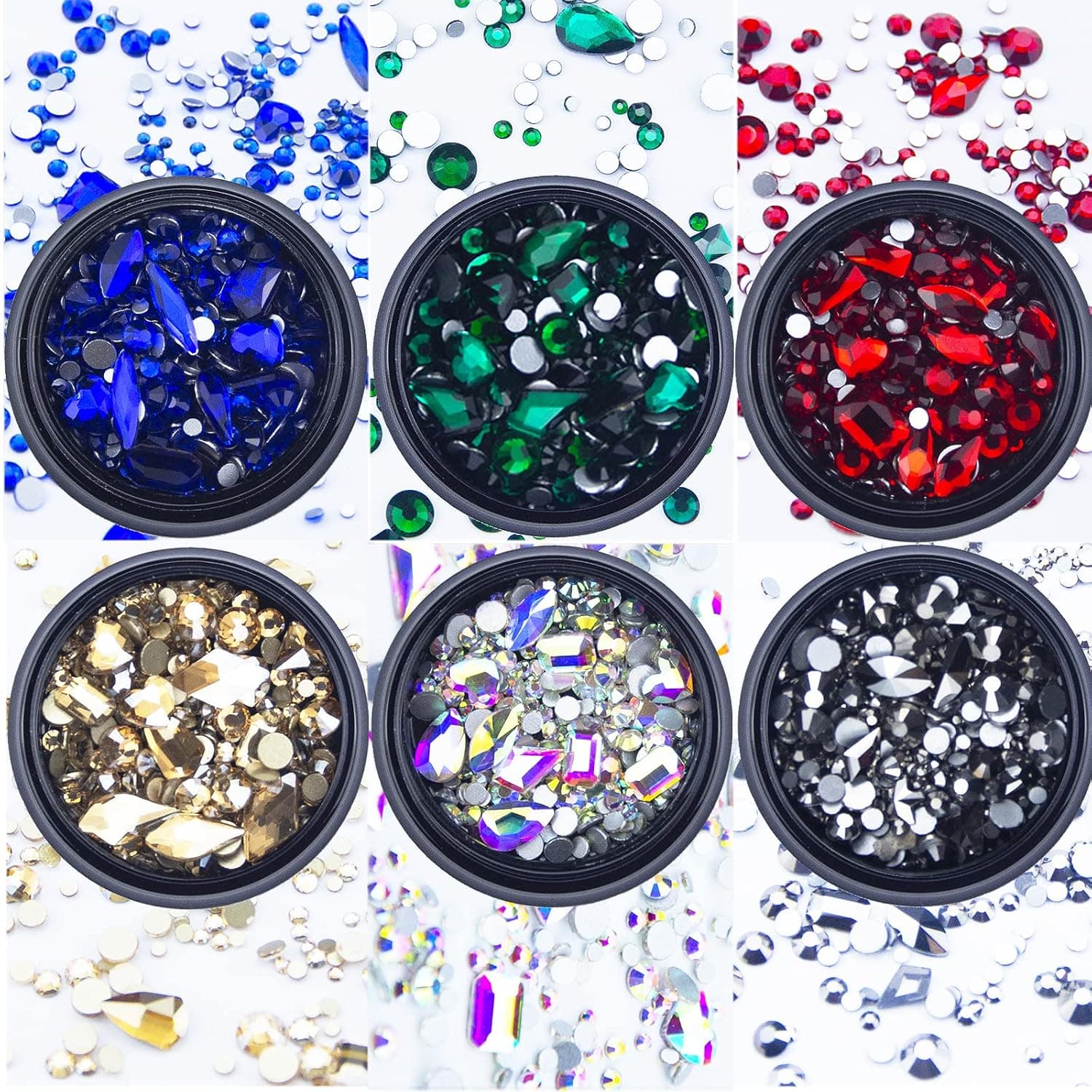 6 Boxes AB Blue Red Green Gold Black Rhinestones for Nails Mixed Colored Multi Shaped Sized Colorful Nail Beads Glass Gems Stones Nail Rhinestones Kit for Nail DIY Crafts Clothes Shoes Jewelry