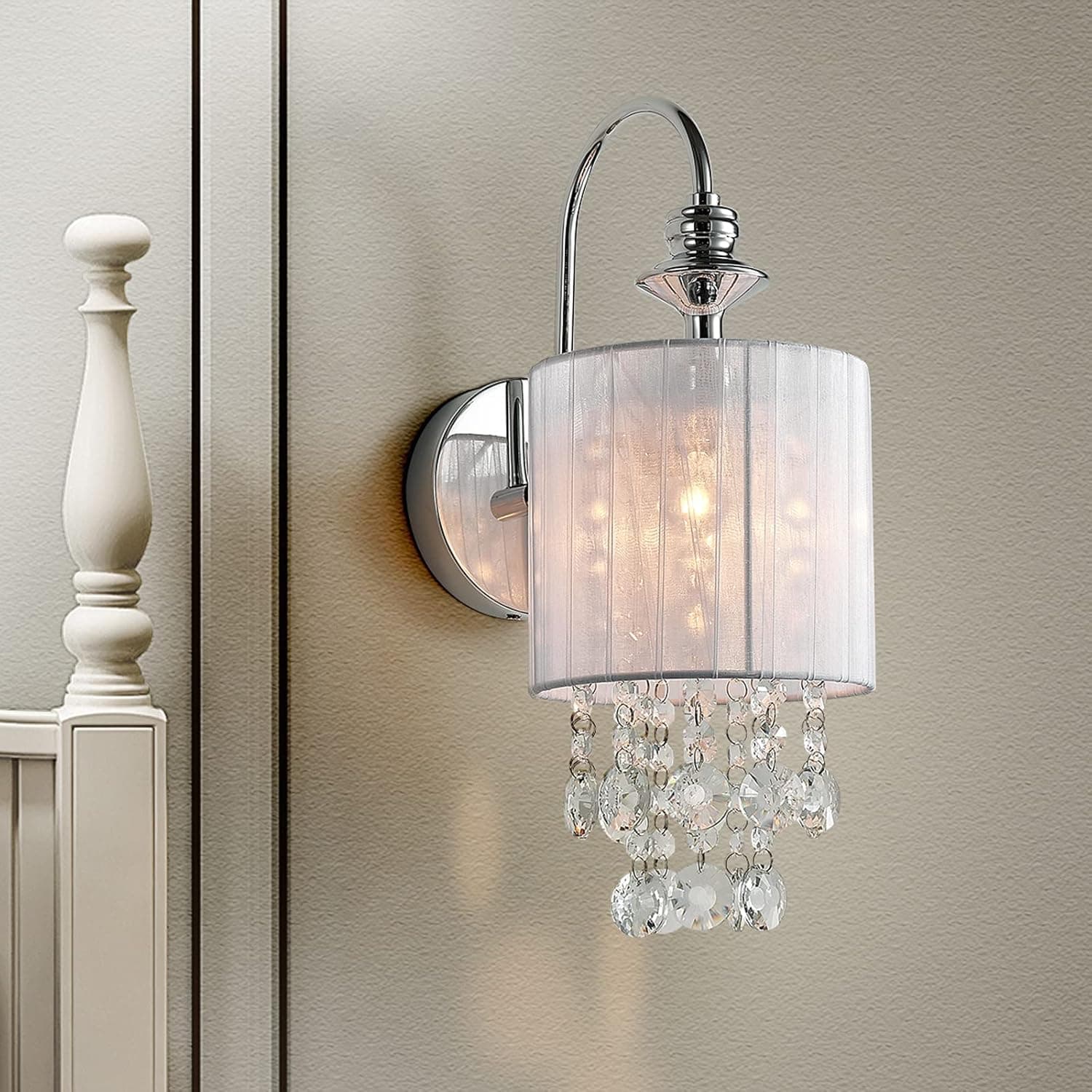 XINGQI Modern Crystal Wall Sconce, Bathroom Lighting Fixture with White Fabric Shade, 1-Light Armed Wall Light Over Mirror, Chrome Finish, E12 Base (Bulb not Included)