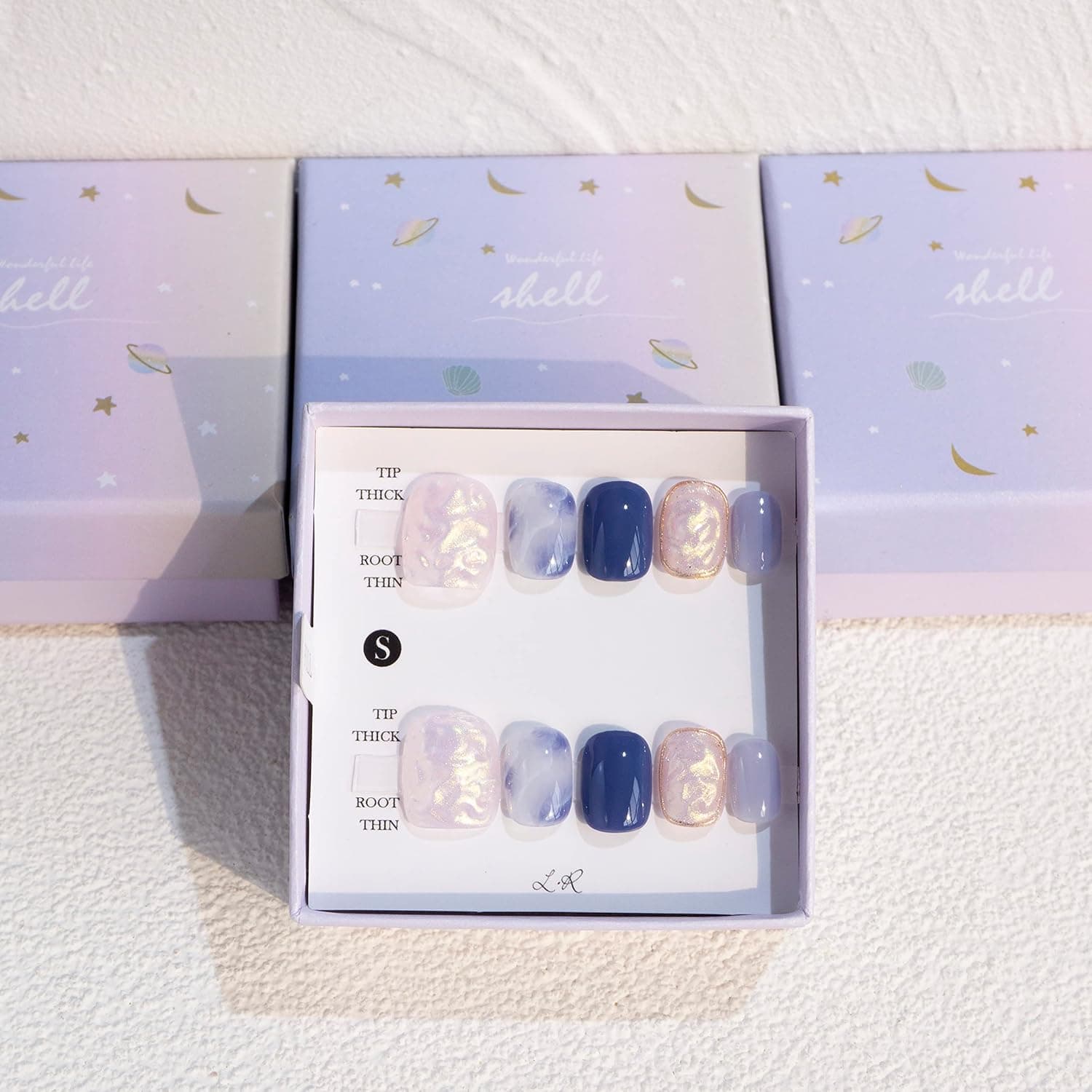 Light Rain Press on Nails Short - Time, 3D Blue Handmade with Reusable Gel UV Finished False nails, Hand-Painted Fake Nails with Design by Professional Manicurist, Short Square, Large Size