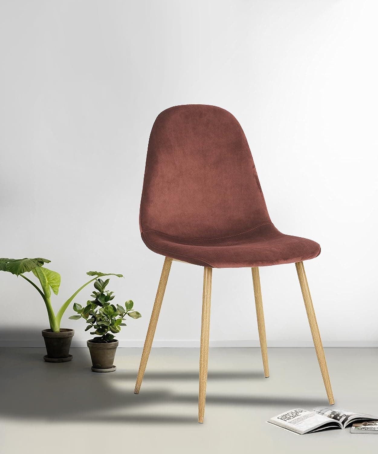 Set of 4 Mid-Century Style Side Chair Metal Legs Velvet Fabric Cushion Seat and Back for Dining Room Chairs in Rose
