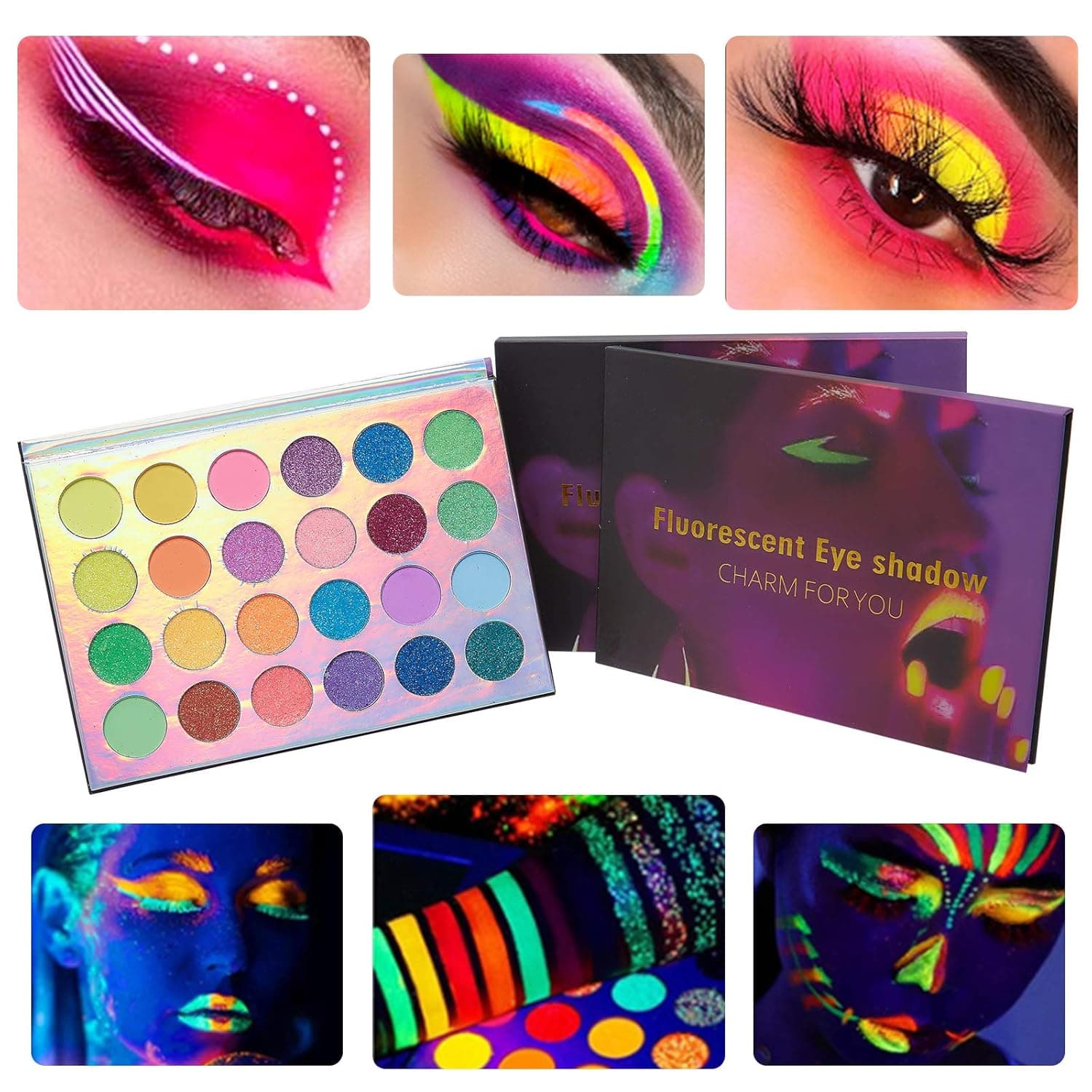 Glow in the Dark Makeup Palette, 24 Colors Neno Makeup Highly Pigmented Matte Shimmer Glitter Eyeshadow Colorful Face and Body Makeup for Party Halloween Christmas Stage Performance