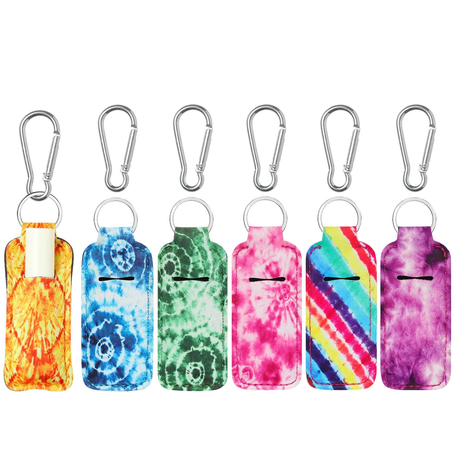 Lezero 6PCS Tie-dye Style Chapstick Holder Keychains, Premium Neoprene Lip Balm Protective Sleeve with Metal Buckle, Portable Round Tube Lipstick Keychain Carrier for Girl and Women