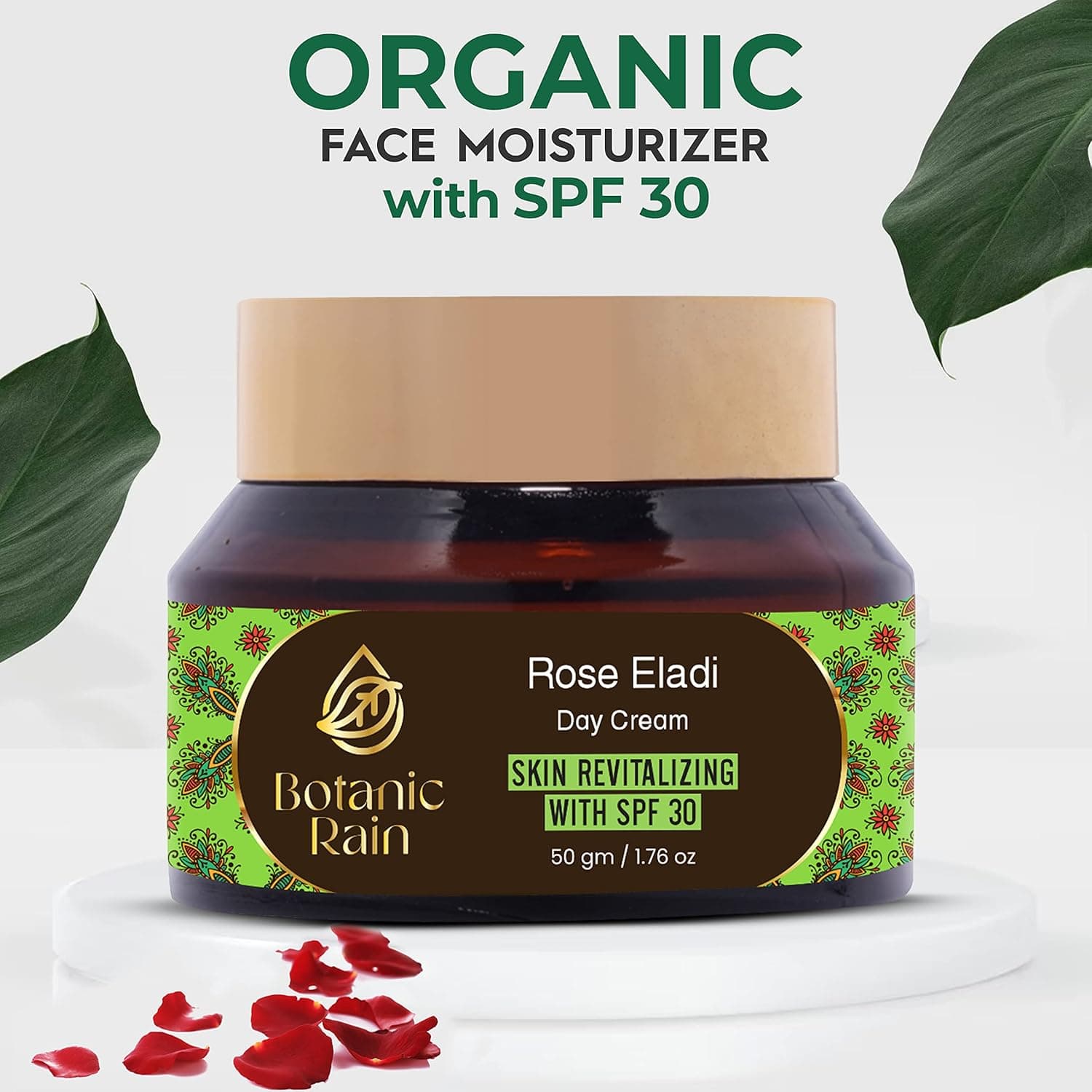 Botanic Rain Natural Face Moisturizer With SPF 30, Ayurvedic Vegan Organic SPF Moisturizer Face With Rose & Eladi For Every Skin Type