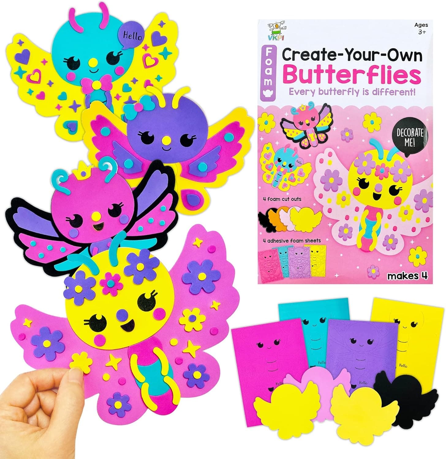 VKPI 4 Pieces EVA Foam Art Crafts Gift Kit, Creative Make Your Own Butterflies, Cartoon 3D Puzzle Game for Kids Crafts Ages 4+ Toddler, Preschool Learning Toy for Birthday Party Favor Supplies