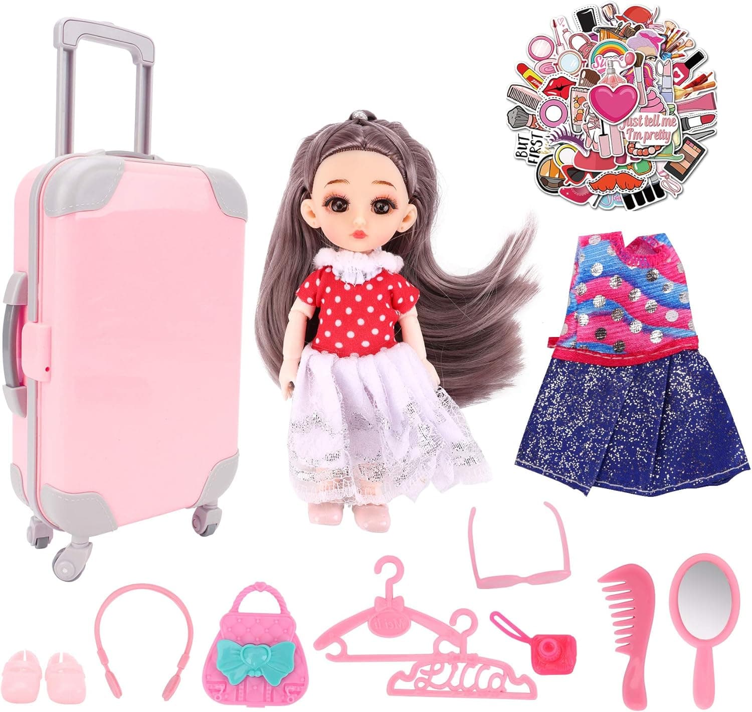PALA PERRA Doll Travel Suitcase, Doll Accessories Set Including Pink Luggage for 6.3 Inch Doll with Dresses Clothes Shoes Hangers Handbag Camera etc., Doll Travel Playset for 6.3 Inch Grils Gift Doll