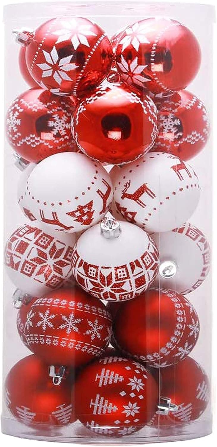 30PCS Christmas Balls Ornaments, Shatterproof Holiday Bulbs Festive Wedding Hanging Ornaments Christmas Tree Decoration (Clear Red&White)