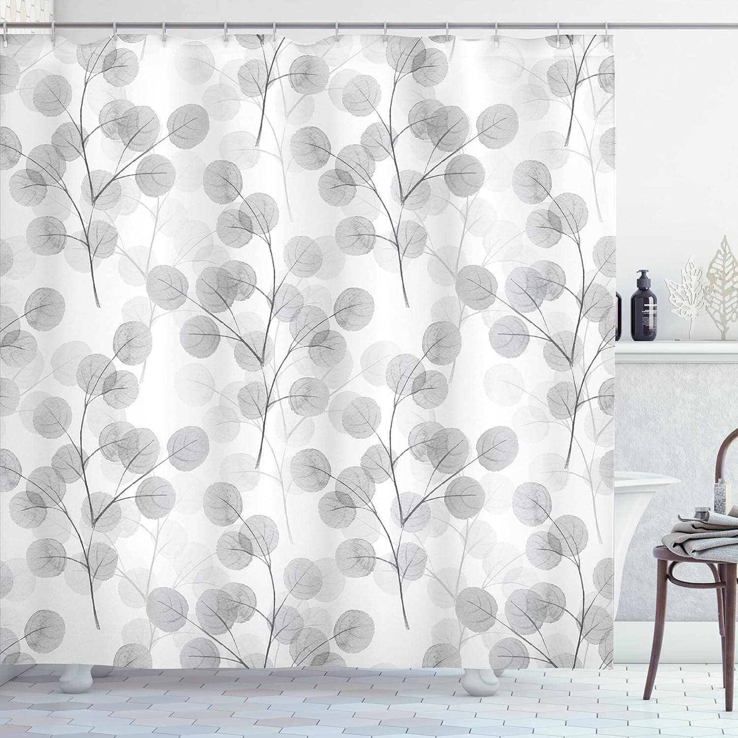 Ambesonne Nature Shower Curtain, Soft Colored Bay Leaf Watercolor Branches Growth Essence Image Print, Cloth Fabric Bathroom Decor Set with Hooks, 69" W x 75" L, Grey White