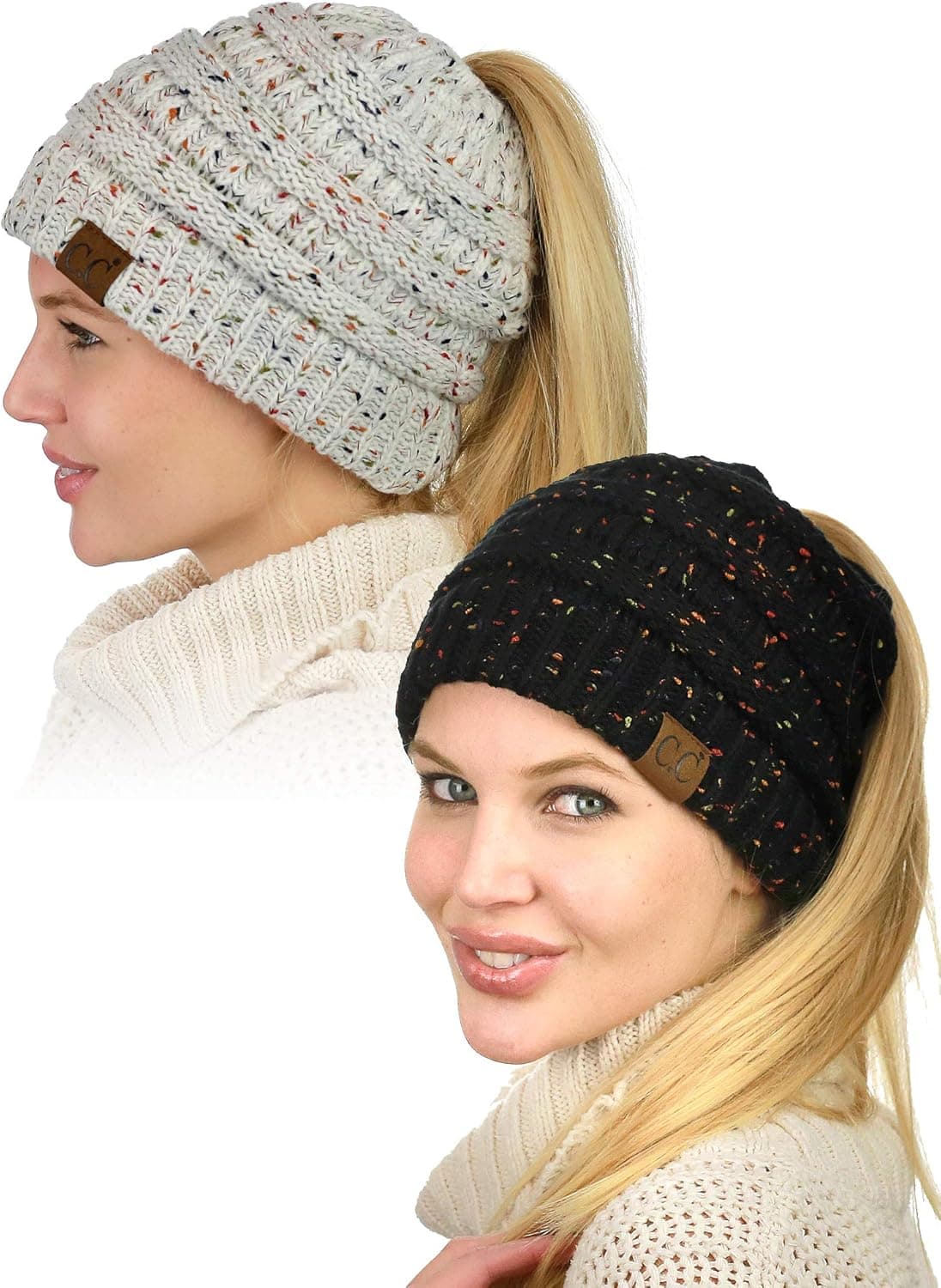 C.C BeanieTail Soft Stretch Cable Knit Messy High Bun Ponytail Beanie Hat, 2 Pack