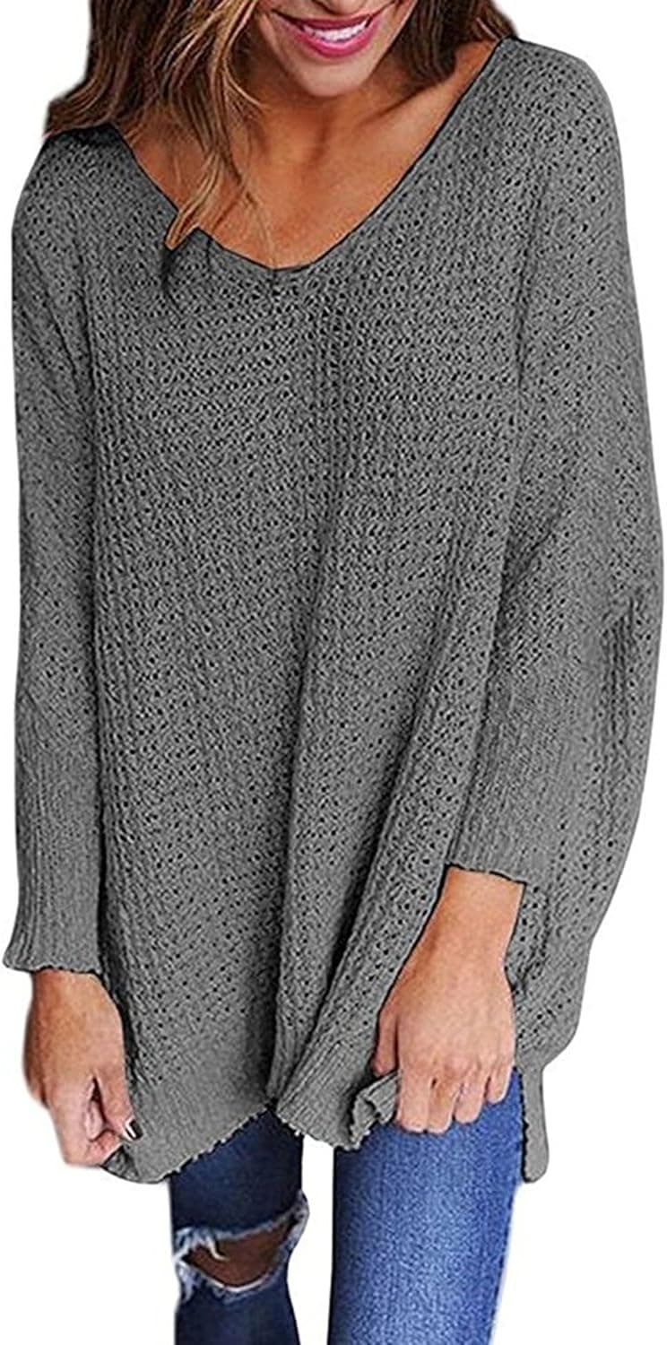 Sidefeel Women Baggy Sweater Oversized Knitted V Neck Pullovers Medium Grey