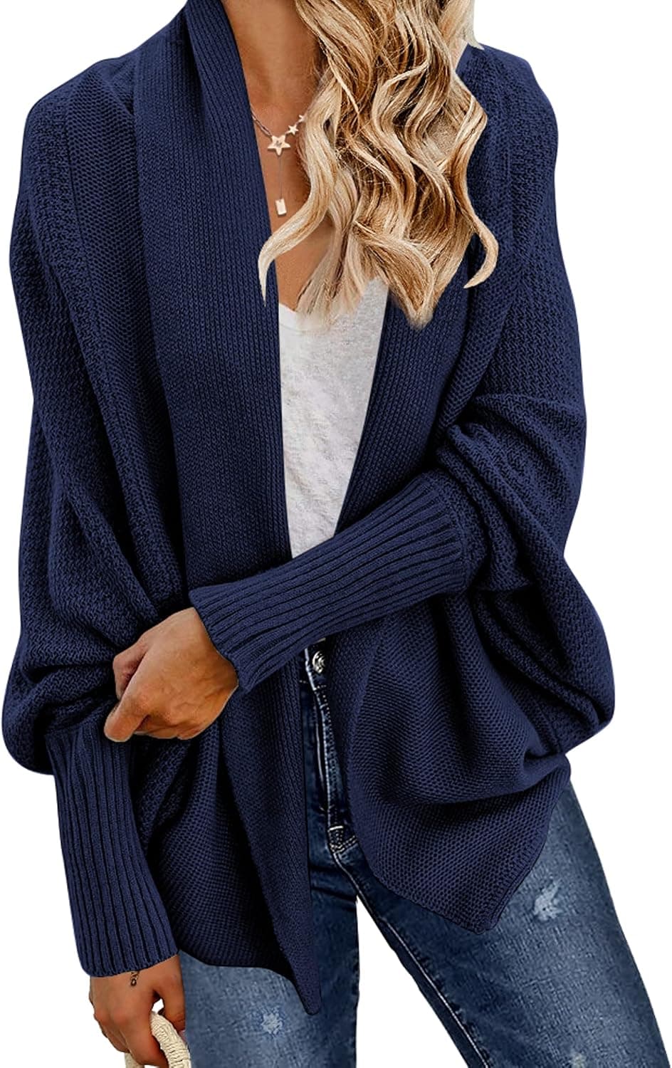 GRECERELLE Women's Kimono Batwing Cable Open Front Knitted Slouchy Oversized Wrap Cardigan Sweater Outwear Coat