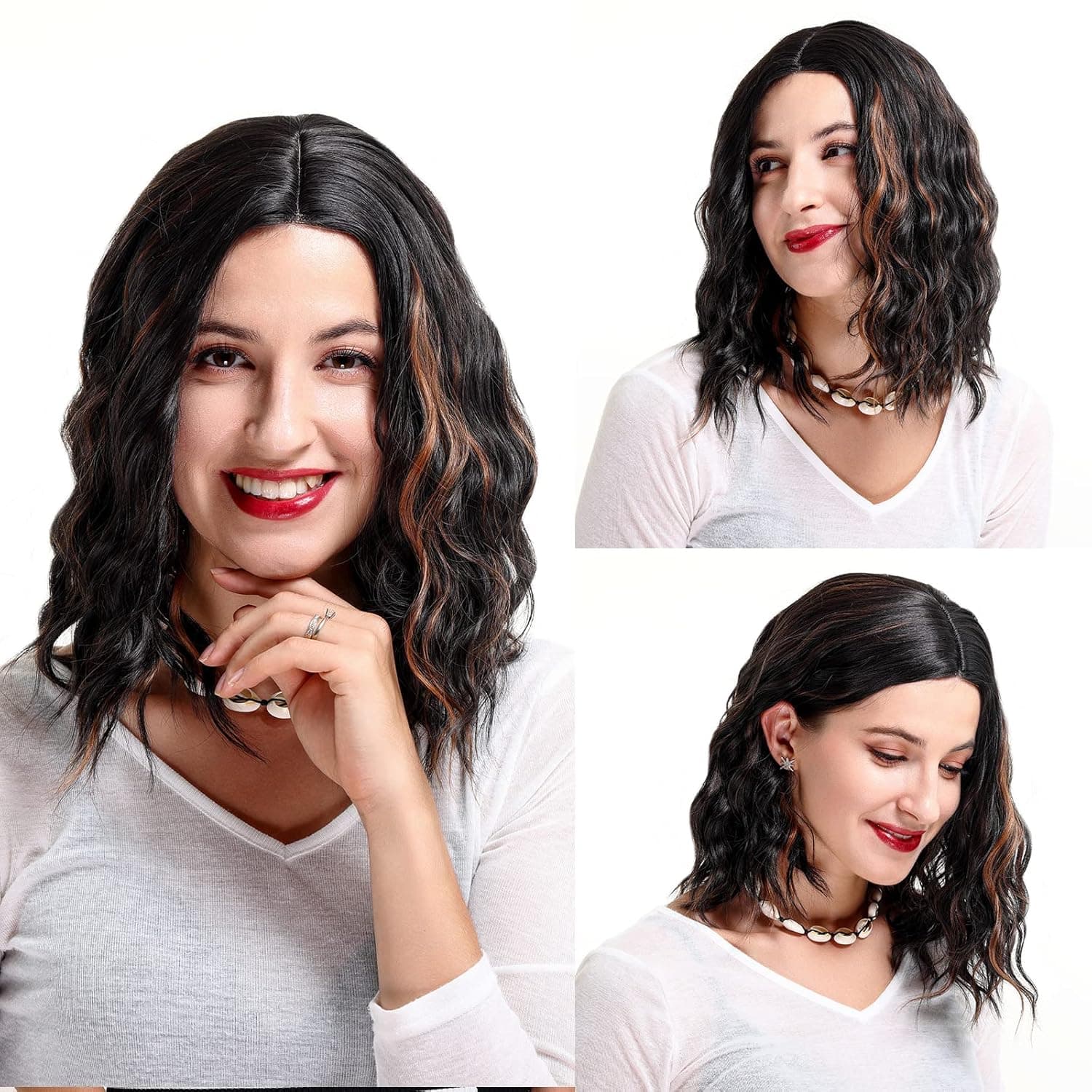 POPTAIYU Short Black Mixed Brown Wigs for Women Curly Wavy Bob Hair Synthetic Shoulder Length Middle Part Lace Front Wig Natural Looking for Daily Party Use (Black Mixed Brown,14inch)