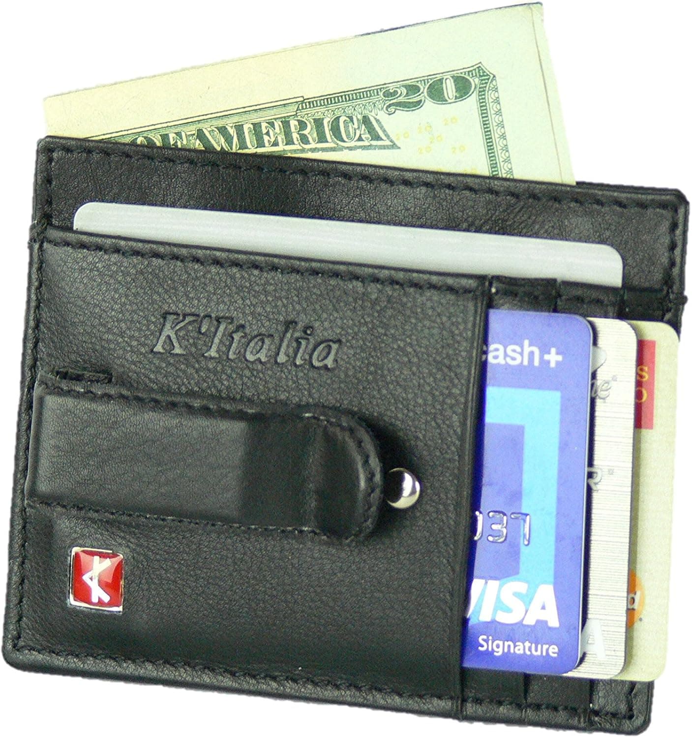 K’Italia Money Clip Slim Minimalist Wallet Credit Card I.D. Window Top Grain REAL Genuine Leather