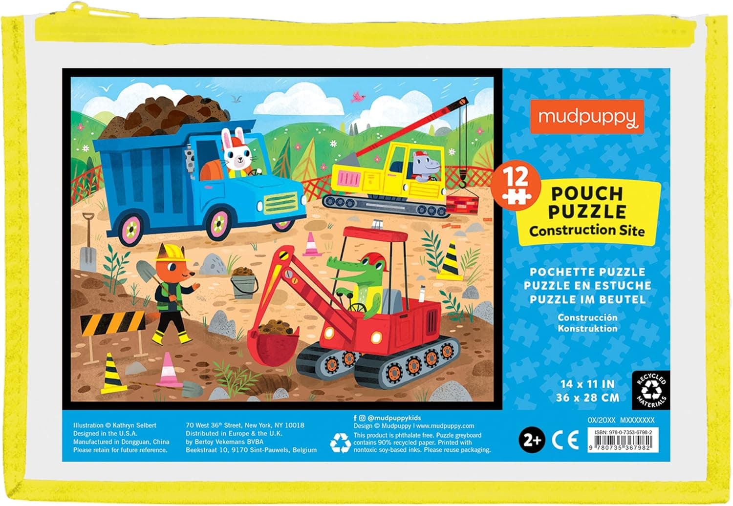 Construction Site Pouch Puzzle from Mudpuppy - 12 Extra-Thick Jigsaw Puzzle Pieces are Perfect for Small Hands, Includes a Reusable Zippered Pouch, Perfect for On The Go Activities!, Ages 2+