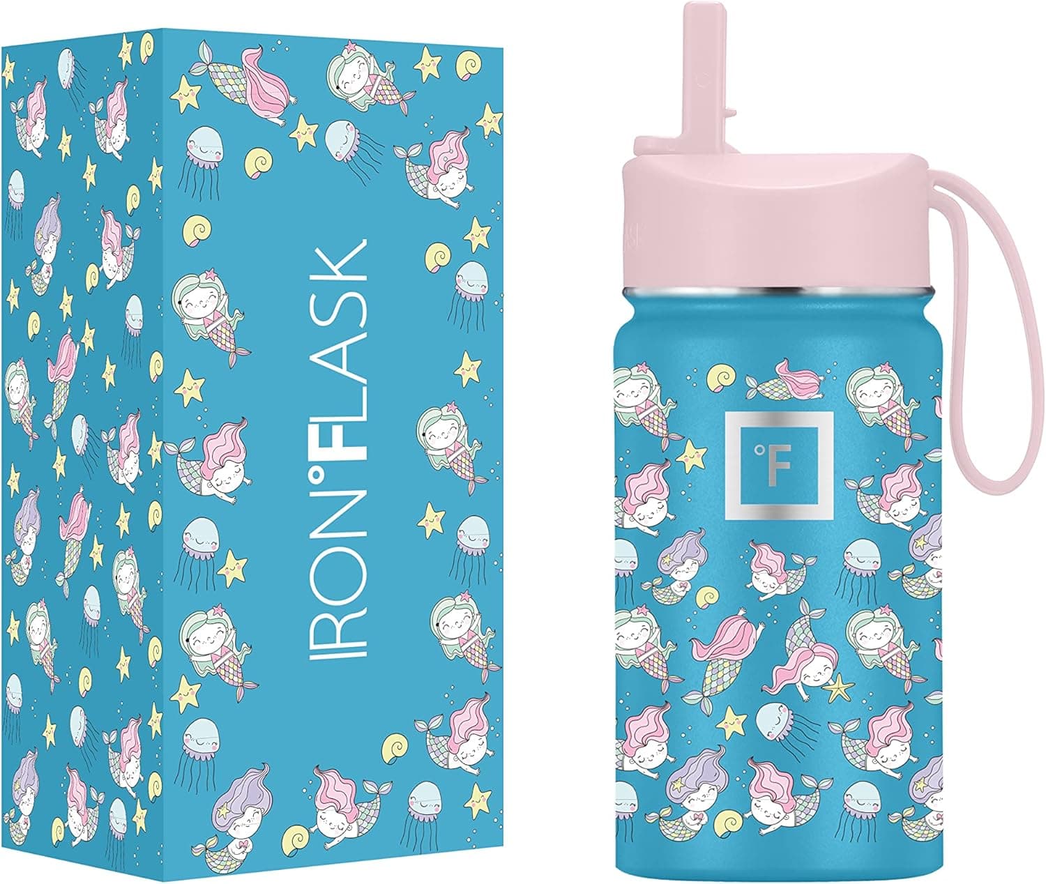 IRON °FLASK Kids Water Bottle - 14 Oz, Straw Lid, 20 Name Stickers, Vacuum Insulated Stainless Steel, Double Walled Tumbler Travel Cup, Thermo Mug, Metal Canteen (Magic Mermaids)