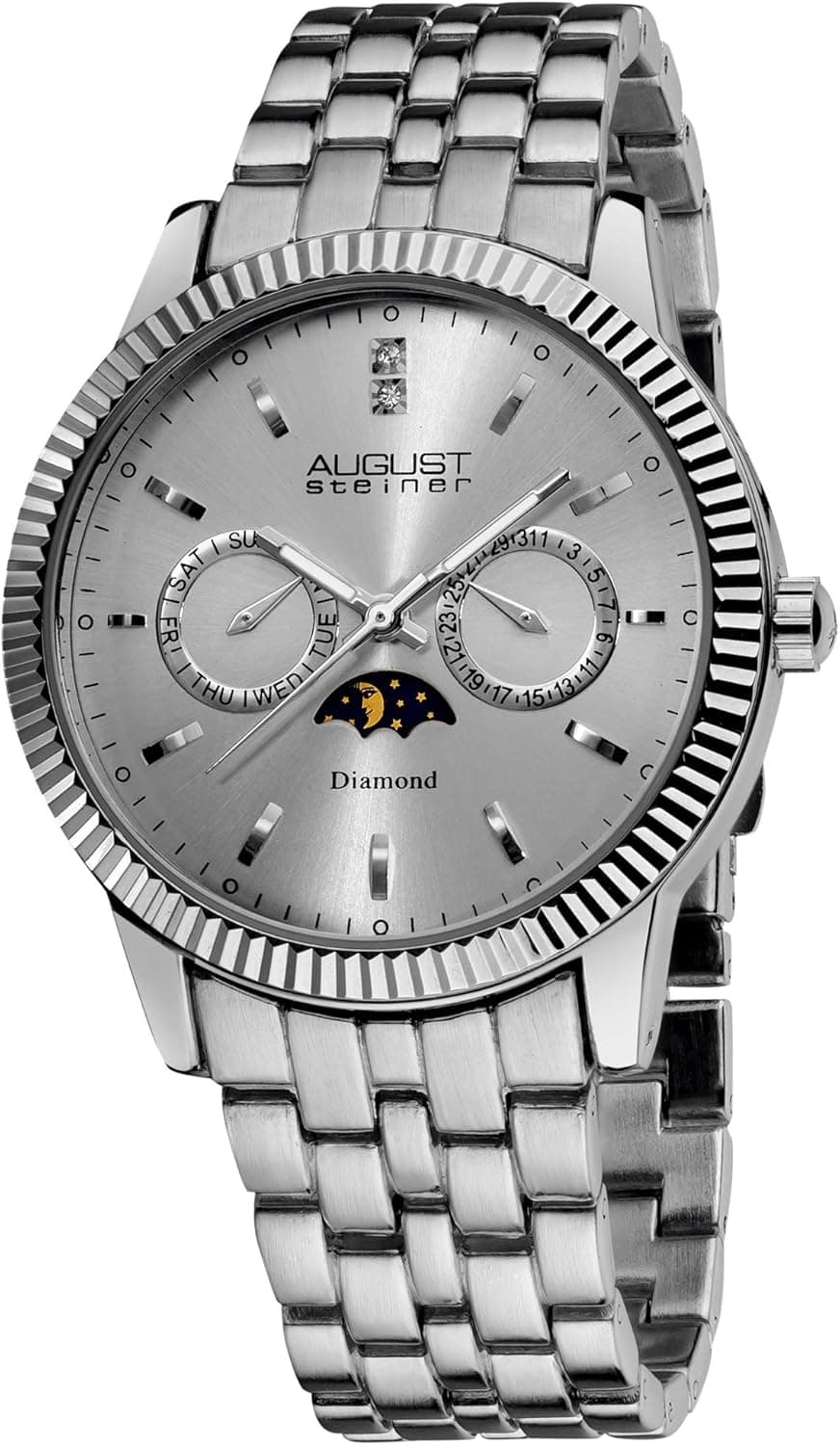 August Steiner Men's Multifunction Watch - Two Genuine Diamonds Moon Phase Indicator Dial Stainless Steel Bracelet - AS8050