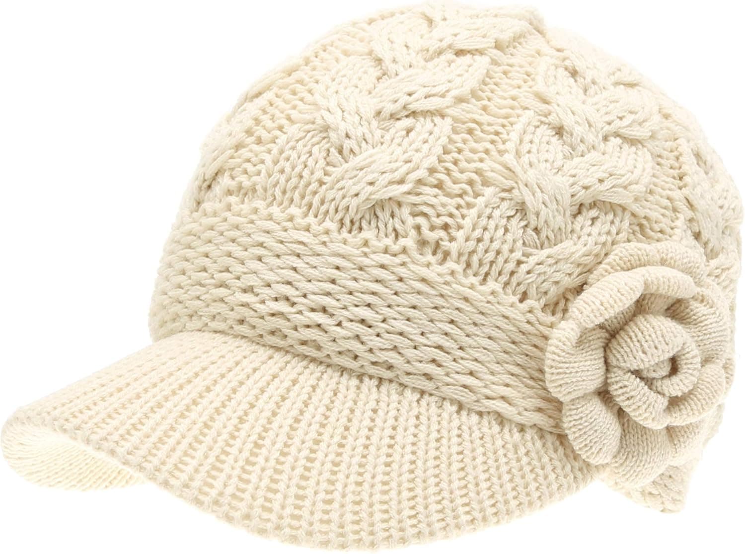 MIRMARU Women’s Knitted Newsboy Hat Double Layer Visor Beanie Cap with Soft Warm Fleece Lining