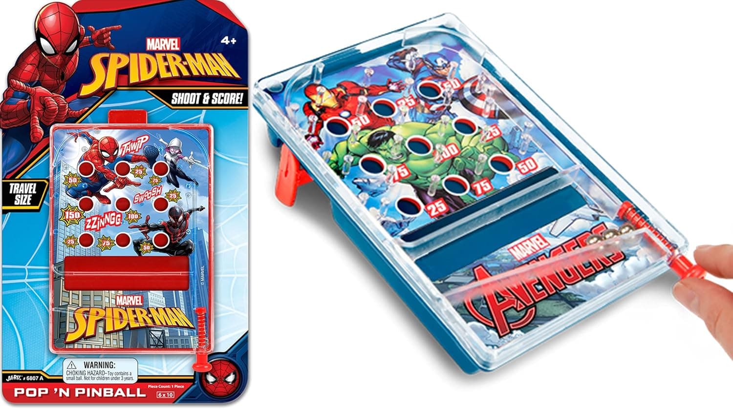 JA-RU Marvel Pinball Game Toy (1 Unit Assorted) Avengers or Spiderman Portable Pocket Travel Board Game Mini Handheld Game Fidget Toys Arcade for Kids and Adults. Favorite Classic Games AB-6807-1