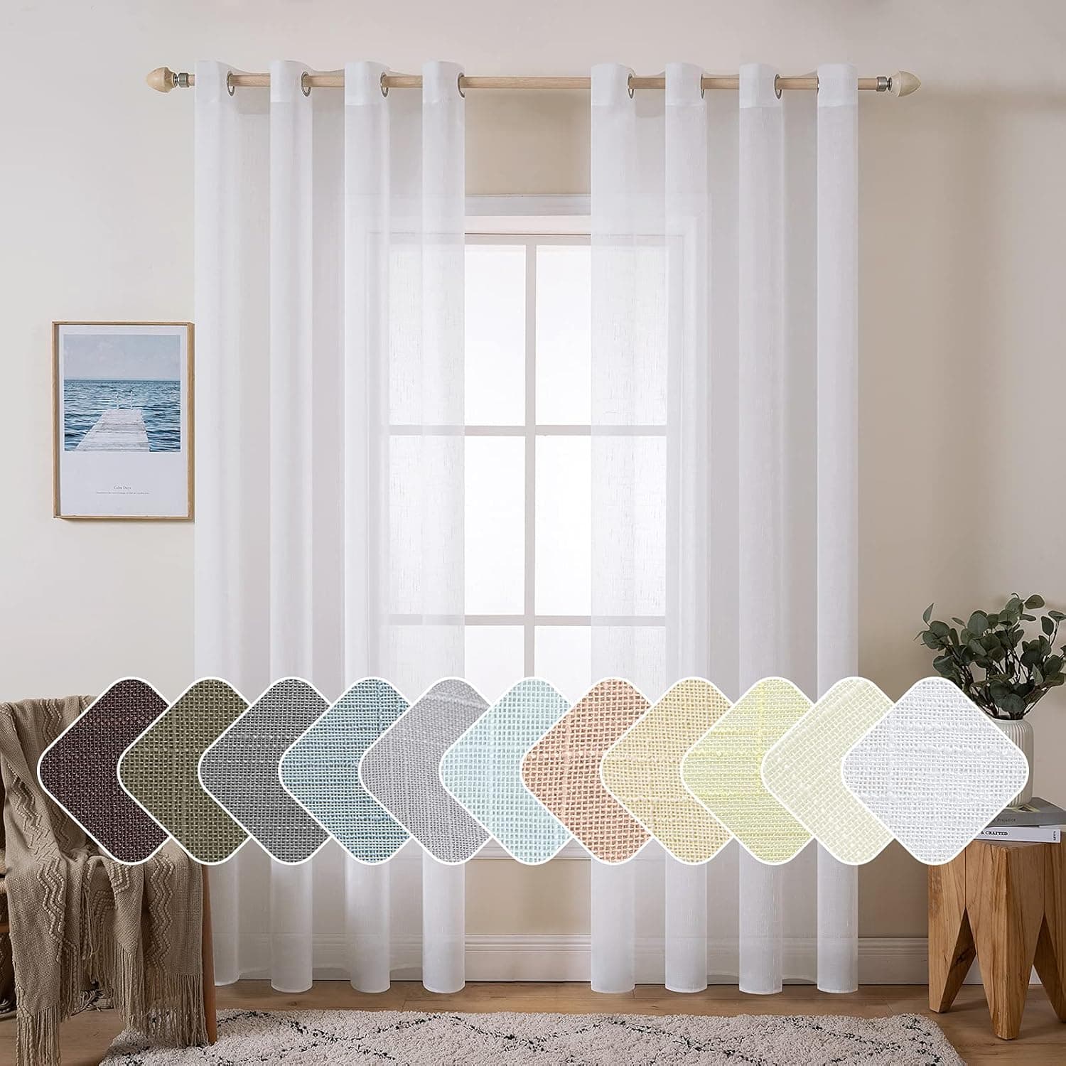 MIULEE Linen Sheer Curtains 108 Inch Long Elegant Solid Natural White Drapes Grommet Top Window Voile Panels Linen Textured Panels for Bedroom Living Room (52X108 Inch)