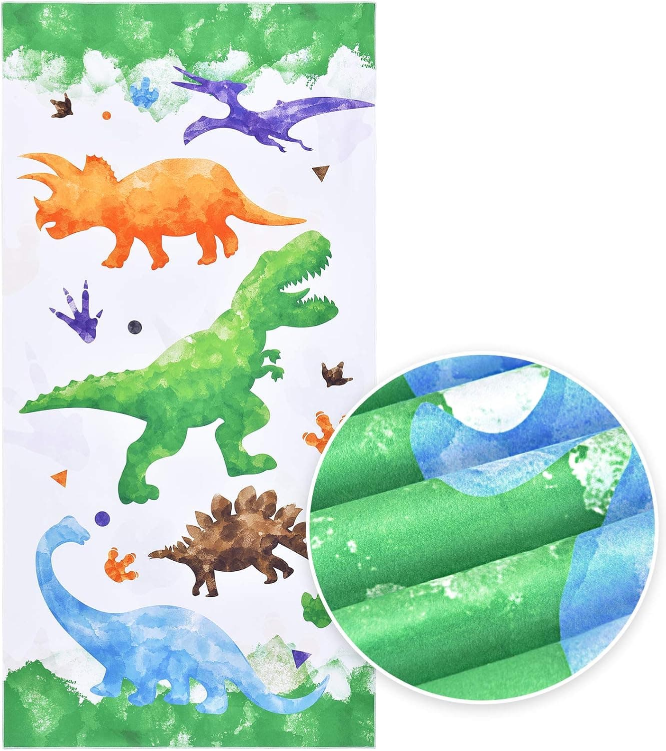 Watercolor Dinosaur Beach Towel - 30” × 60” Microfiber Camping Towel for Boys Kids Travel Pool Picnic Swim Bath Towel Water Absorption Lightweight Sand Free Quickly Dry Beach Towel