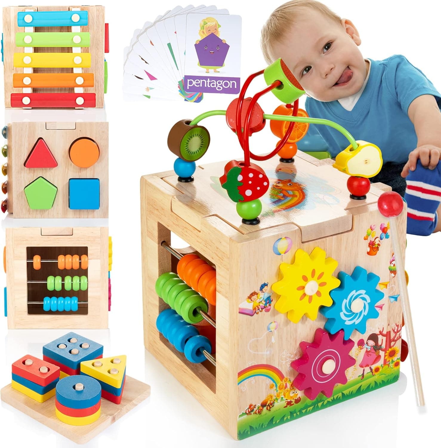 Kizfarm 8-in-1 Wooden Activity Cube for 1 Year Old, Montessori Educational Toy Set | Bead Maze Shape Sorter Toy &Christmas 1st Birthday Gift for Boys Girls Toddlers