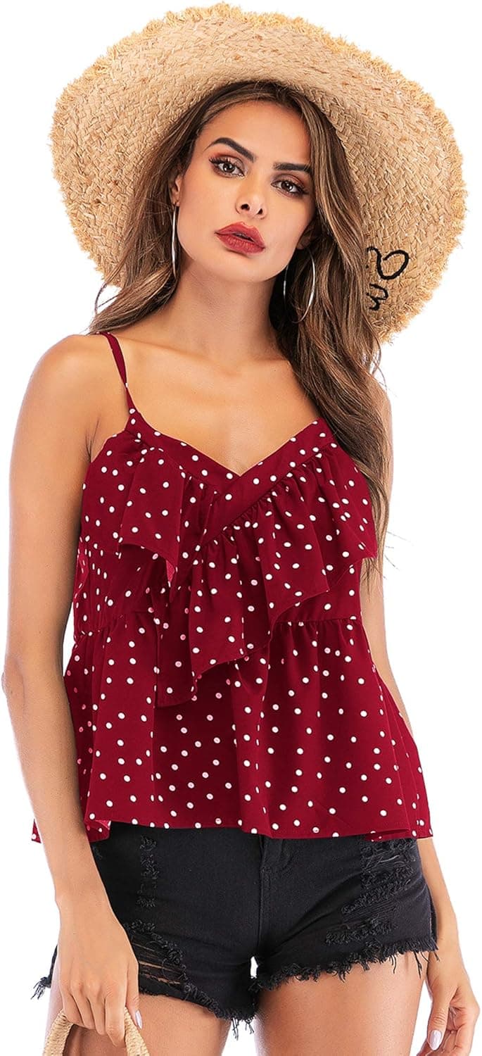 Ustyle Women's Adjustable Spaghetti Straps V Neck Polka Dot Tank Tops Summer Sleeveless Vest Blouses