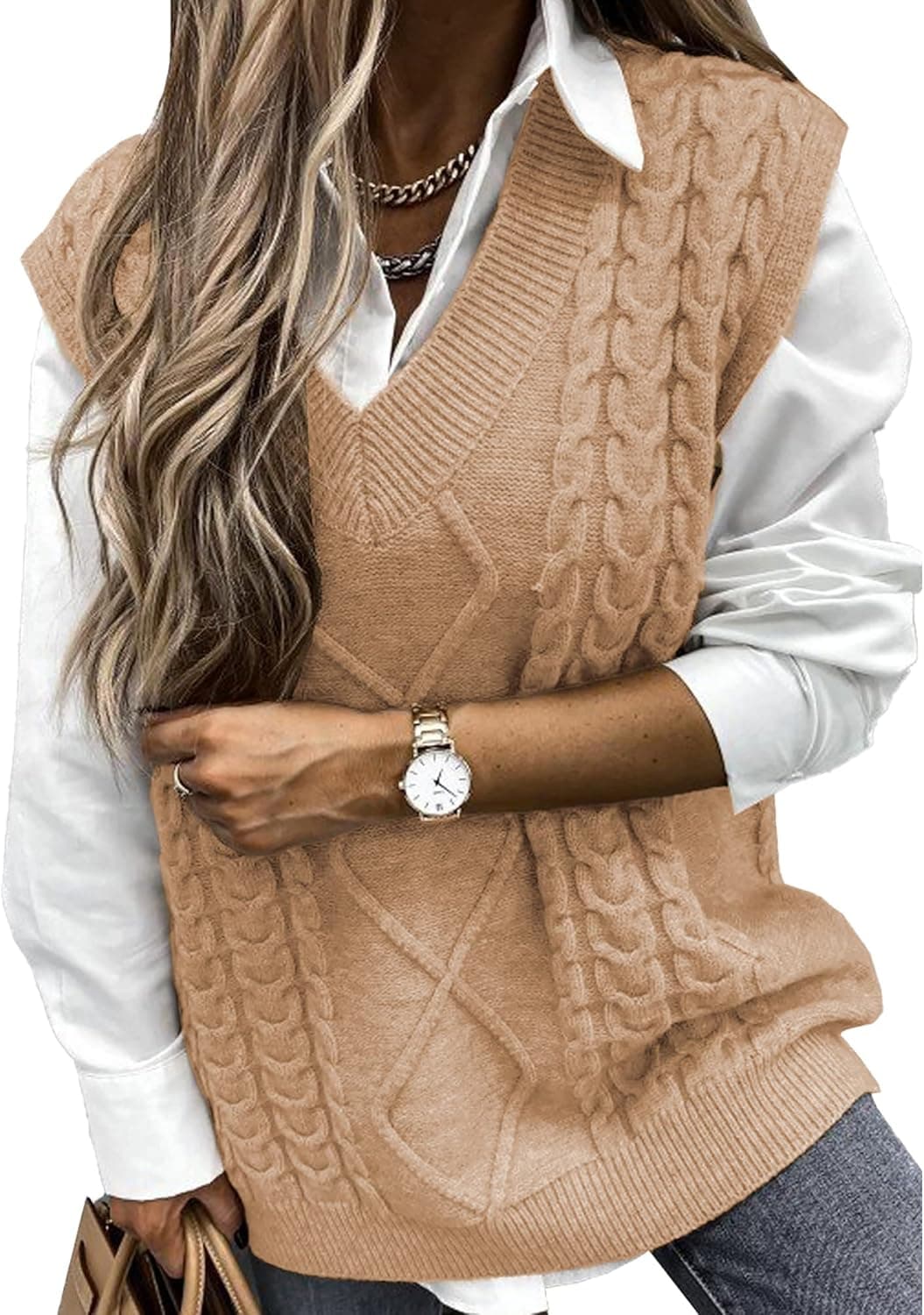 NALANISA Women V Neck Sleeveless Oversized Sweater Vest Casual Loose Cable Knit Sweaters Tank Pullover Fall Winter Outfits