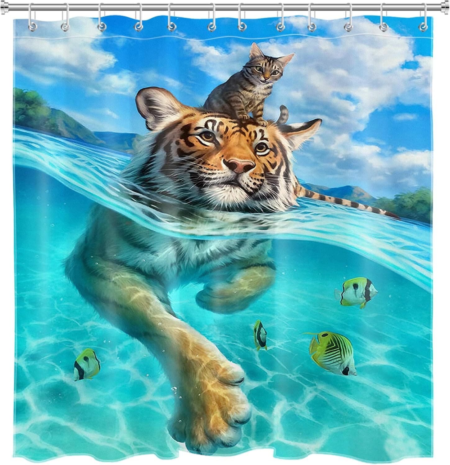 HVEST Funny Cat Shower Curtains for Bathroom Cool Cat Riding Tiger on The Blue Ocean Bath Curtain Bathroom Decor Set Polyester Waterproof Plastic Bathing Curtain with 12 Hooks 69X70Inches