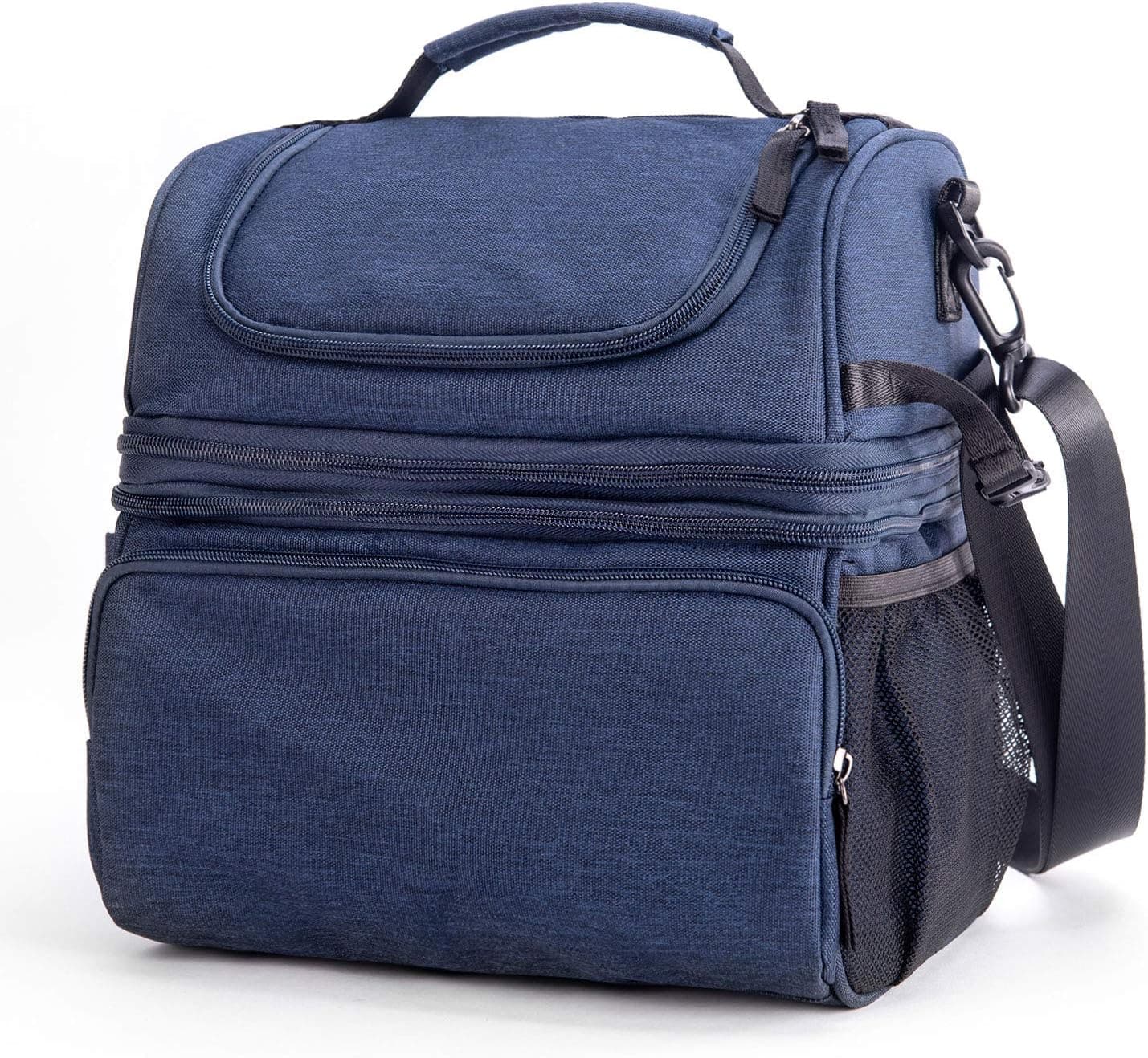 Fiossica Dual Compartment Lunch Box, Expandable Insulated Lunch Cooler Tote with Shoulder Strap, Leakproof Double Deck Lunch Cooler Tote Reusable Lunch Pack for Men, Women, Adult Lunch Bag, Blue